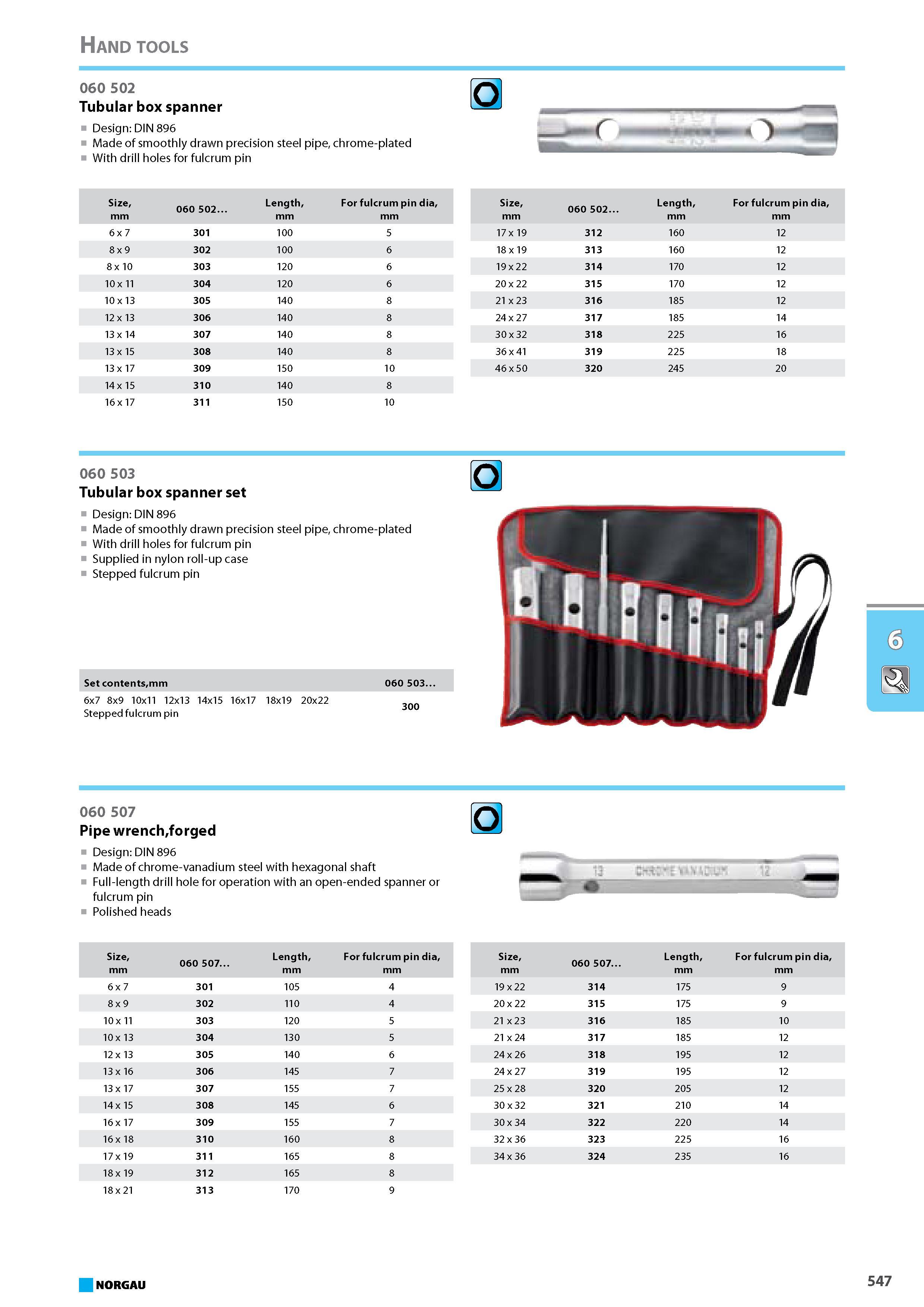 563 Tubular box spanner Design DIN 896 Made of smoothly drawn precision steel pipe chrome-plated With drill holes for fulcrum pin 16 x 17 311 150 10 060 503 Tubular box sp Каталог NORGAU 2015 Инструмент режущий измерительный слесарно-монтажный Стр. 547