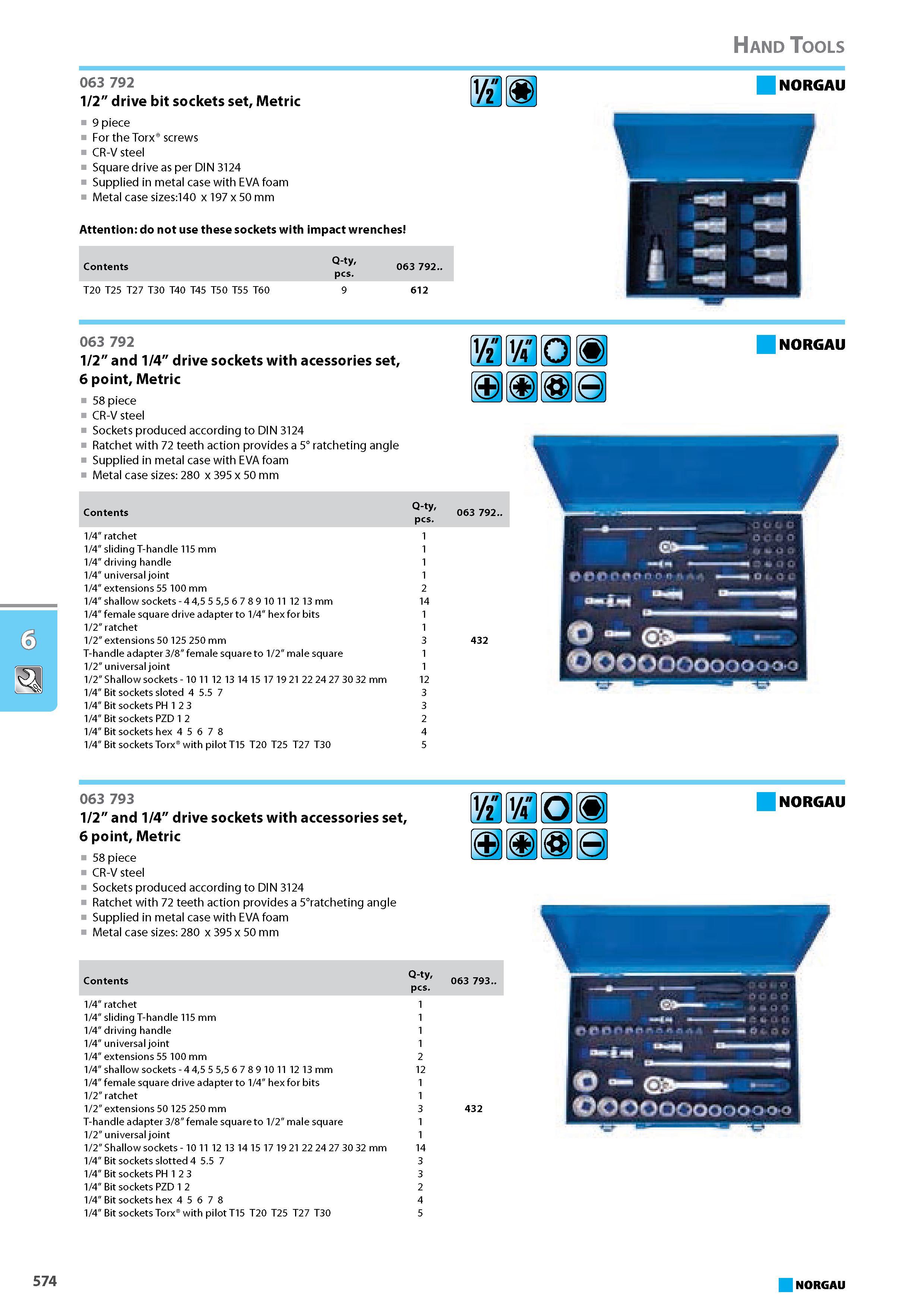 590 drive bit sockets set 1/2 Metric 9 piece For the Torx screws CR-V steel Square drive as per DIN 3124 Supplied in metal case with EVA foam Metal case sizes 140 x 197 x Каталог NORGAU 2015 Инструмент режущий измерительный слесарно-монтажный Стр. 574