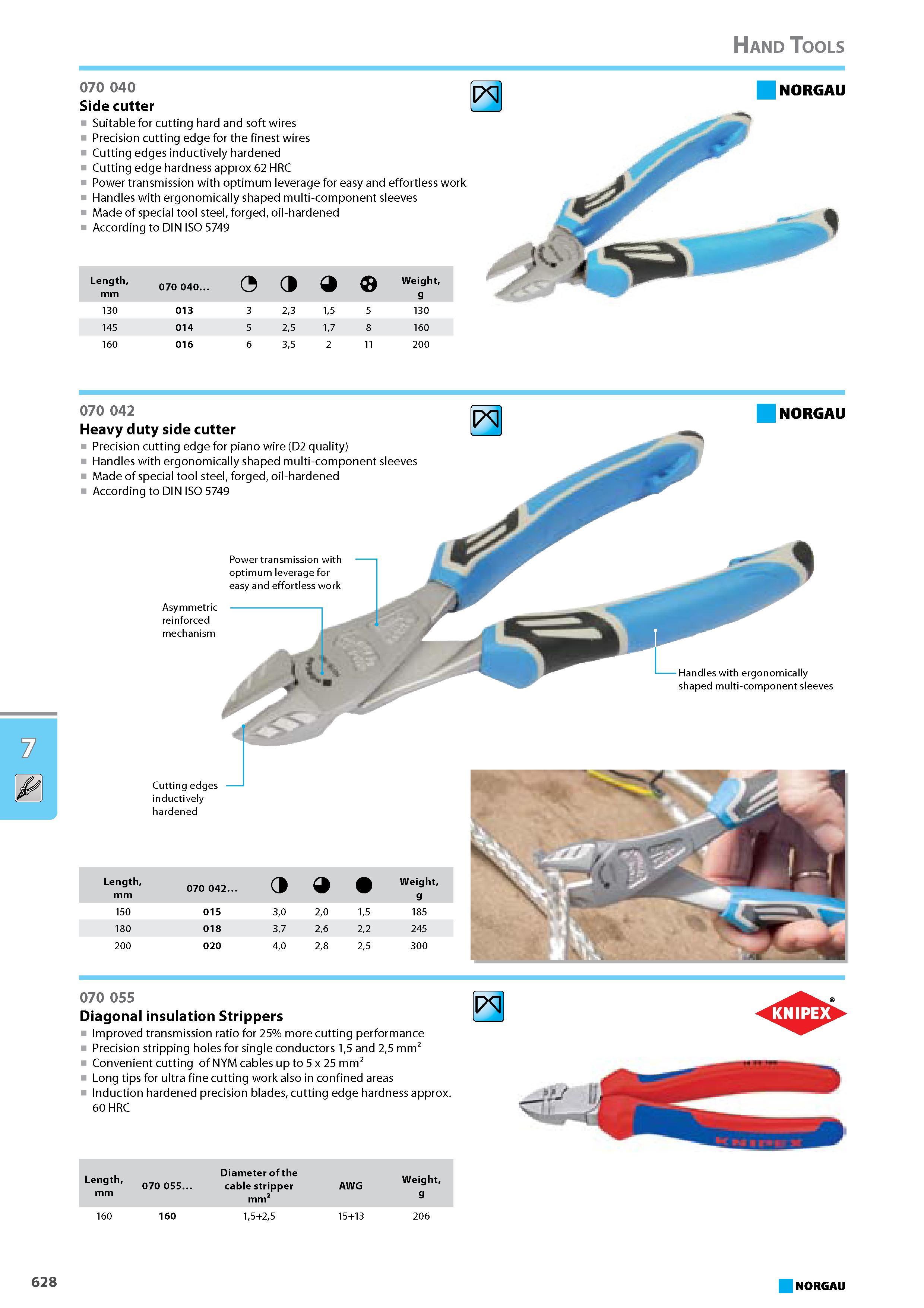 644 Side cutter Suitable for cutting hard and soft wires Precision cutting edge for the finest wires Cutting edges inductively hardened Cutting edge hardness approx 62 HRC Каталог NORGAU 2015 Инструмент режущий измерительный слесарно-монтажный Стр. 628