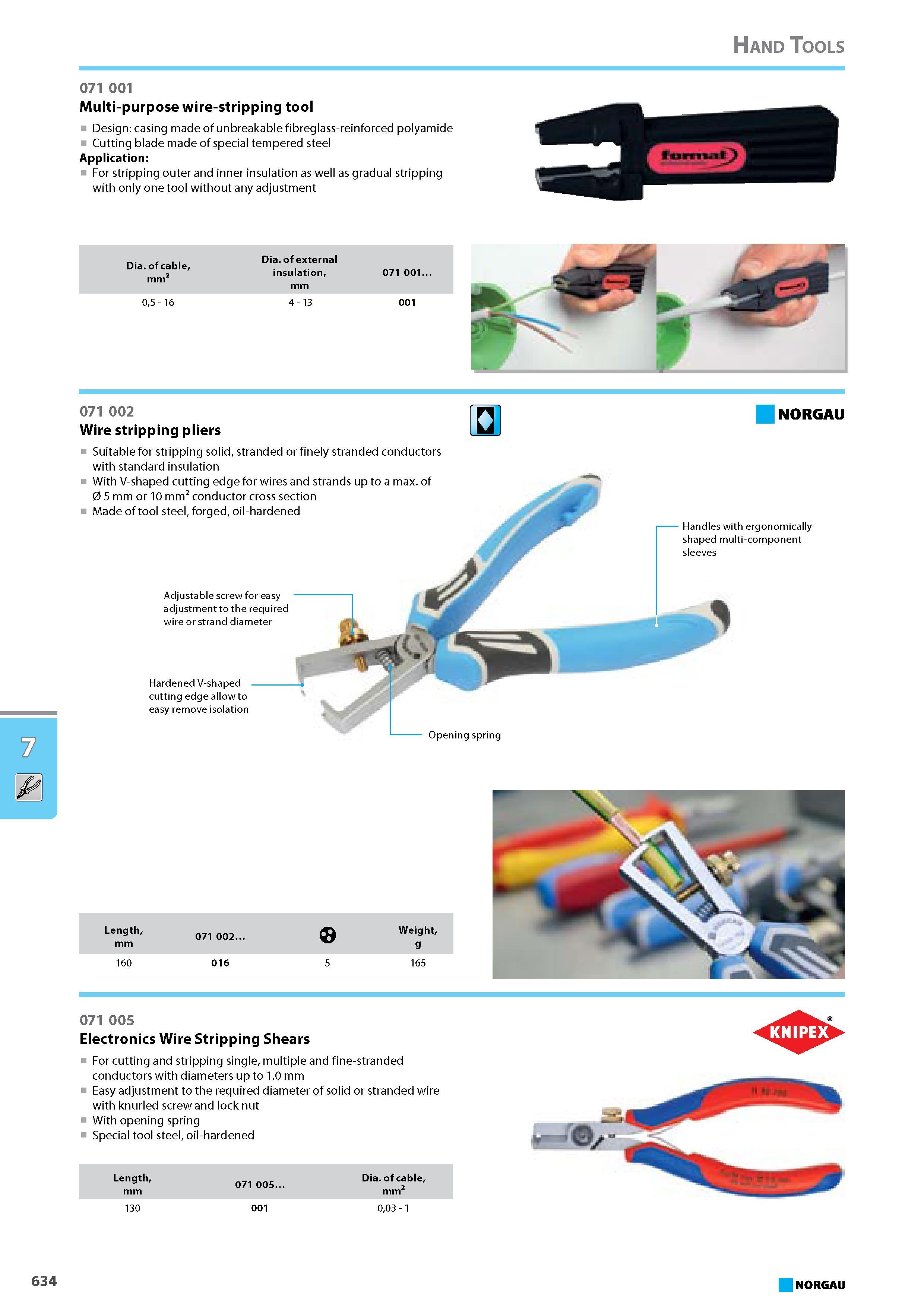 650 Multi-purpose wire-stripping tool Design casing made of unbreakable fibreglass-reinforced polyamide Cutting blade made of special tempered steel Application For stripp Каталог NORGAU 2015 Инструмент режущий измерительный слесарно-монтажный Стр. 634