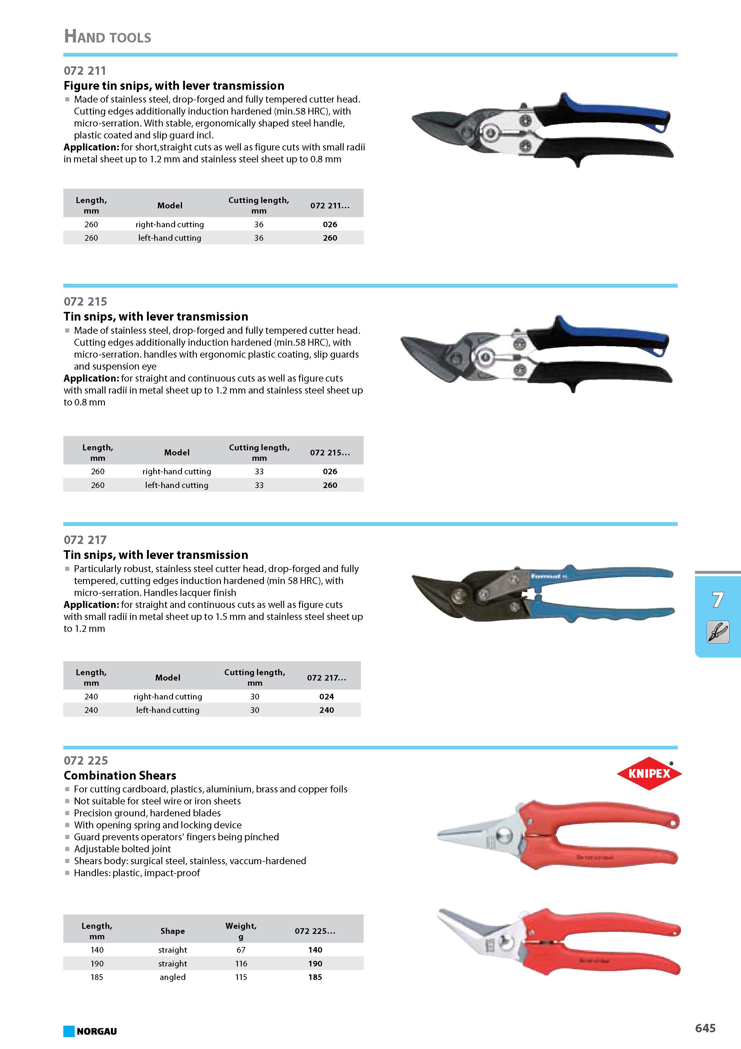 661 Tin snips with lever transmission Particularly robust stainless steel cutter head drop-forged and fully tempered cutting edges induction hardened (min 58 HRC) with mic Каталог NORGAU 2015 Инструмент режущий измерительный слесарно-монтажный Стр. 645