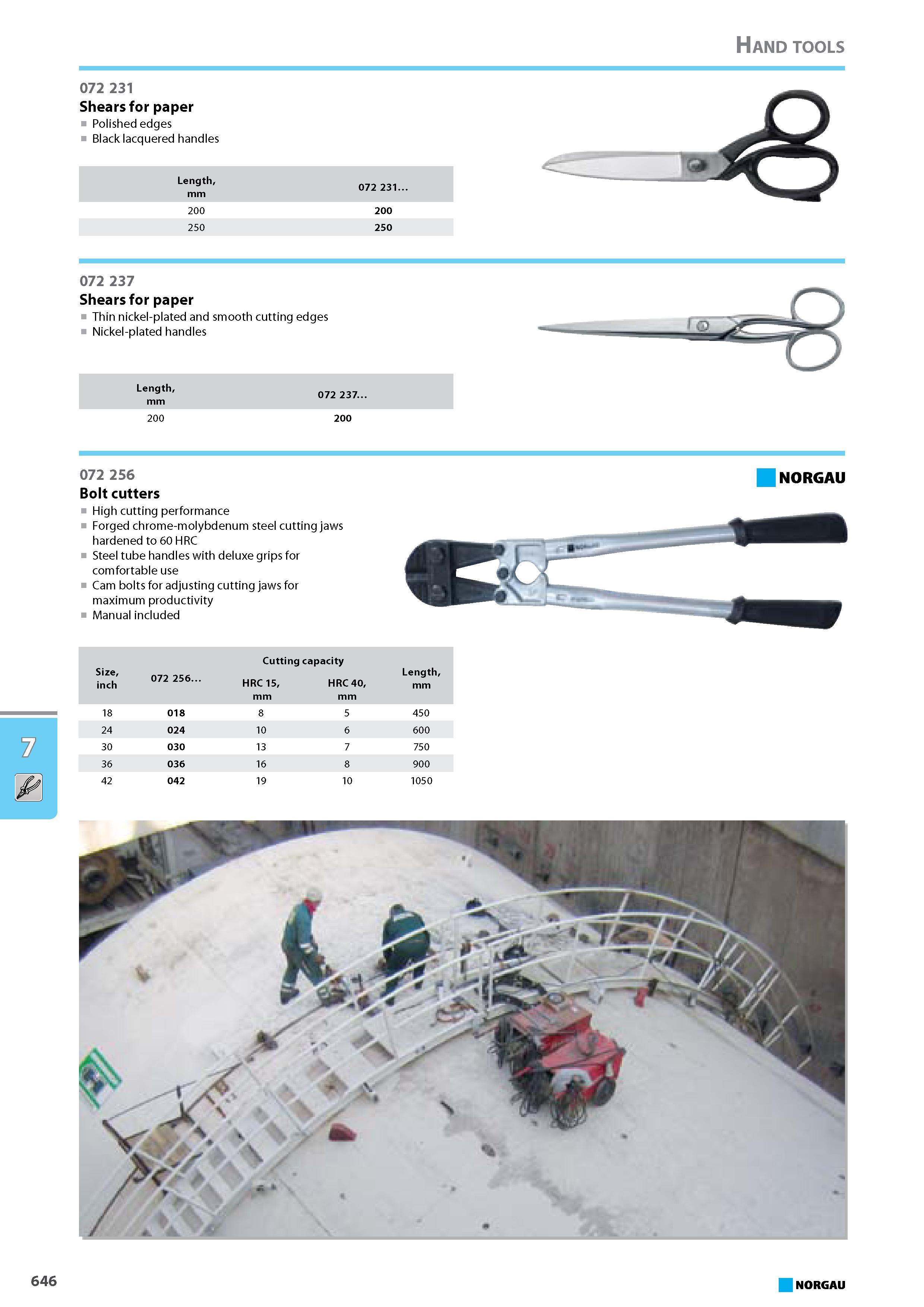 662 Bolt cutters High cutting performance Forged chrome-molybdenum steel cutting jaws hardened to 60 HRC Steel tube handles with deluxe grips for comfortable use Cam bolts Каталог NORGAU 2015 Инструмент режущий измерительный слесарно-монтажный Стр. 646