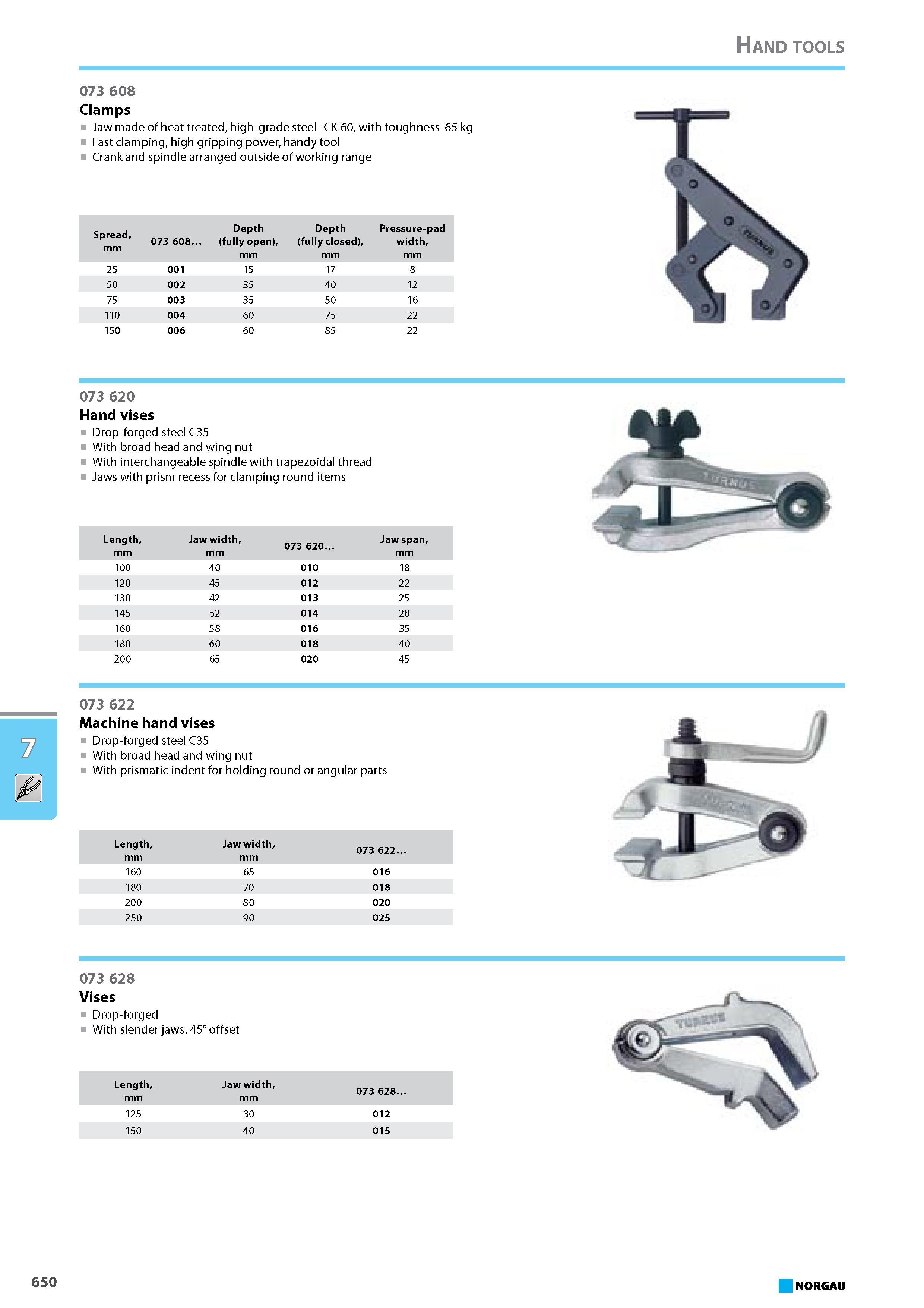 666 Hand vises Drop-forged steel C35 With broad head and wing nut With interchangeable spindle with trapezoidal thread Jaws with prism recess for clamping round items 200 Каталог NORGAU 2015 Инструмент режущий измерительный слесарно-монтажный Стр. 650