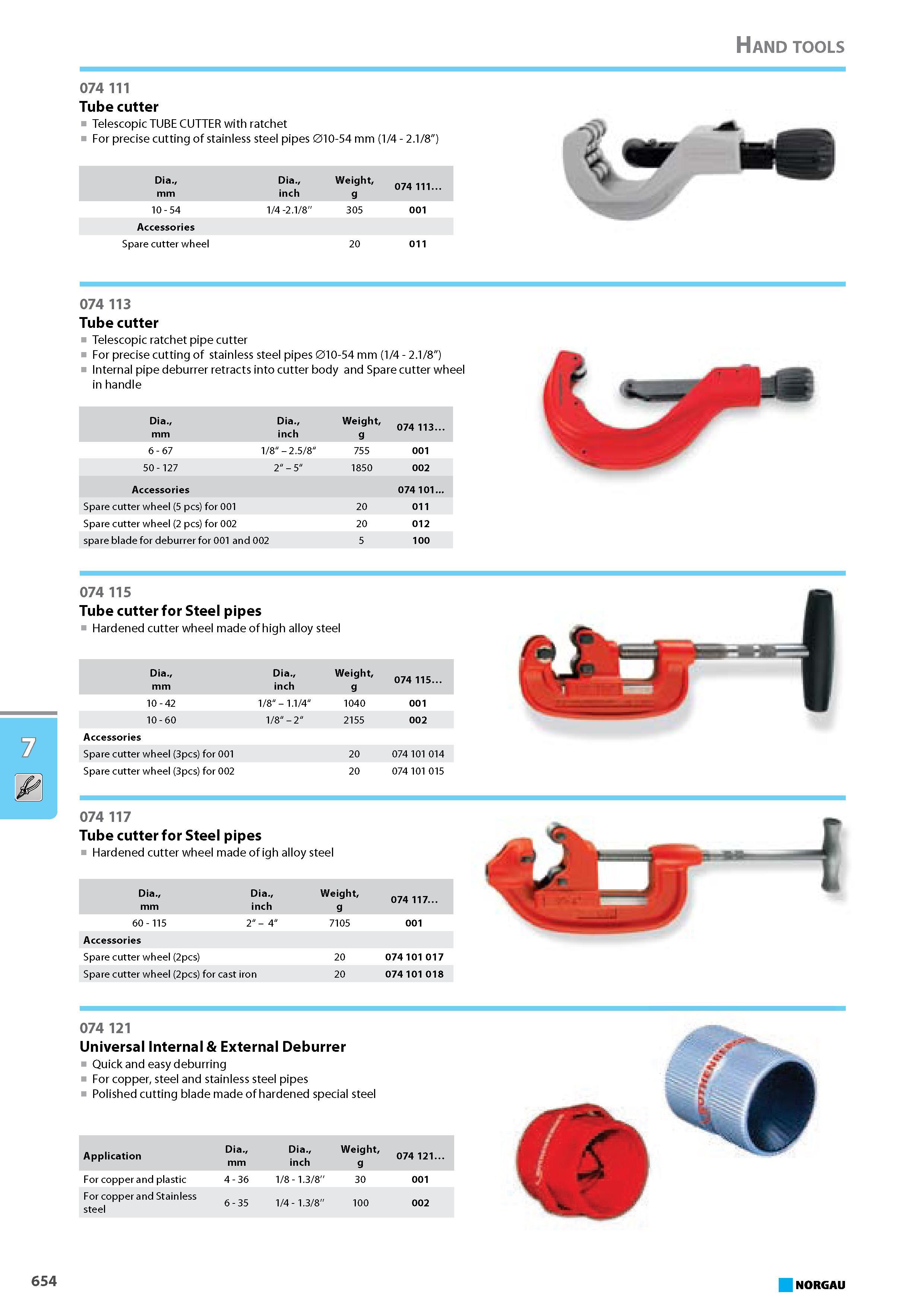 670 Tube cutter for Steel pipes Hardened cutter wheel made of high alloy steel Dia. mm Dia. inch Weight g 074 115. 10 - 42 1 8 - 1.1/4 1040 001 10 - 60 1 8 - 2 2155 002 Ac Каталог NORGAU 2015 Инструмент режущий измерительный слесарно-монтажный Стр. 654