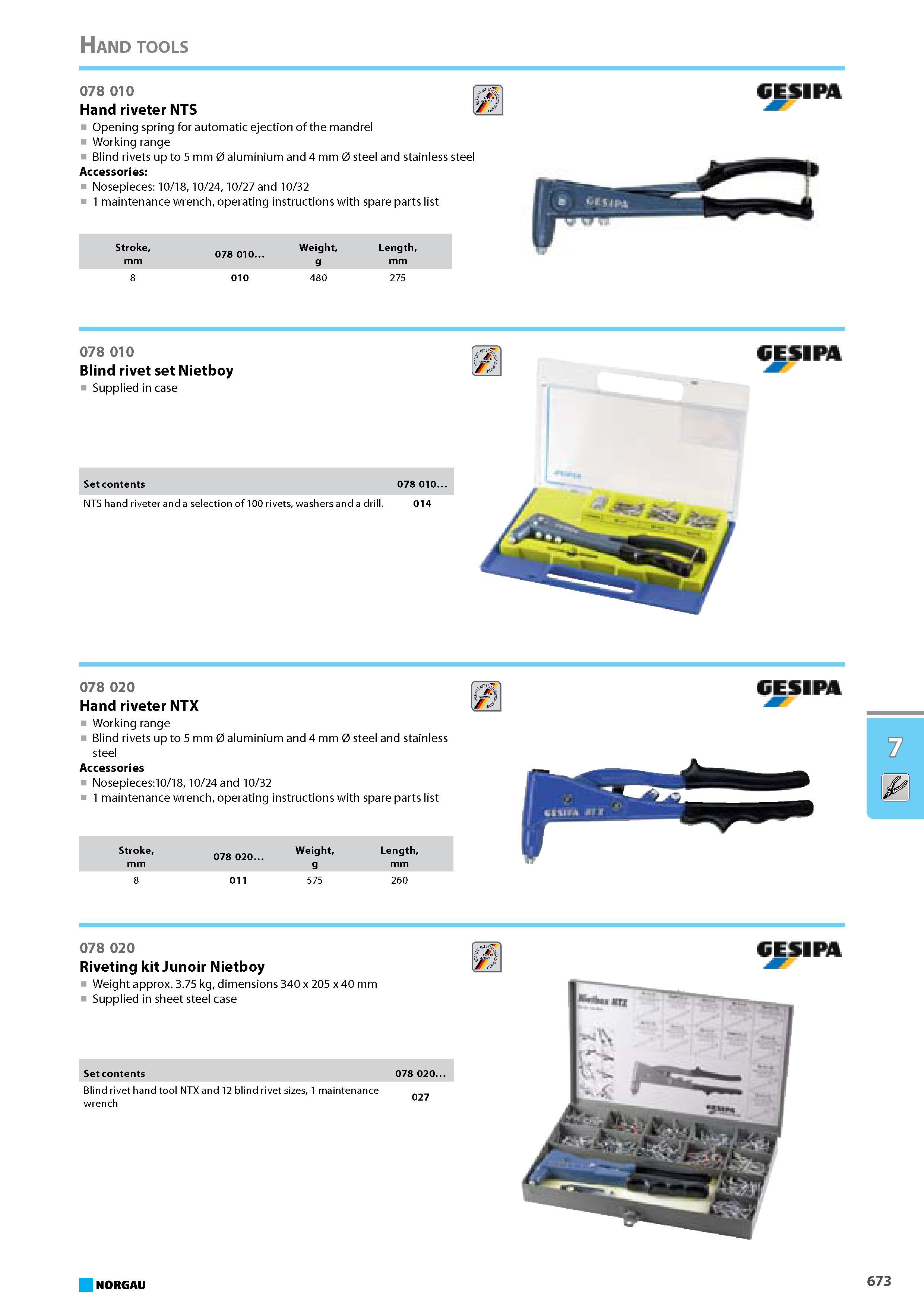 689 Hand riveter NTS Opening spring for automatic ejection of the mandrel Working range Blind rivets up to 5 mm 0 aluminium and 4 mm 0 steel and stainless steel Accessorie Каталог NORGAU 2015 Инструмент режущий измерительный слесарно-монтажный Стр. 673