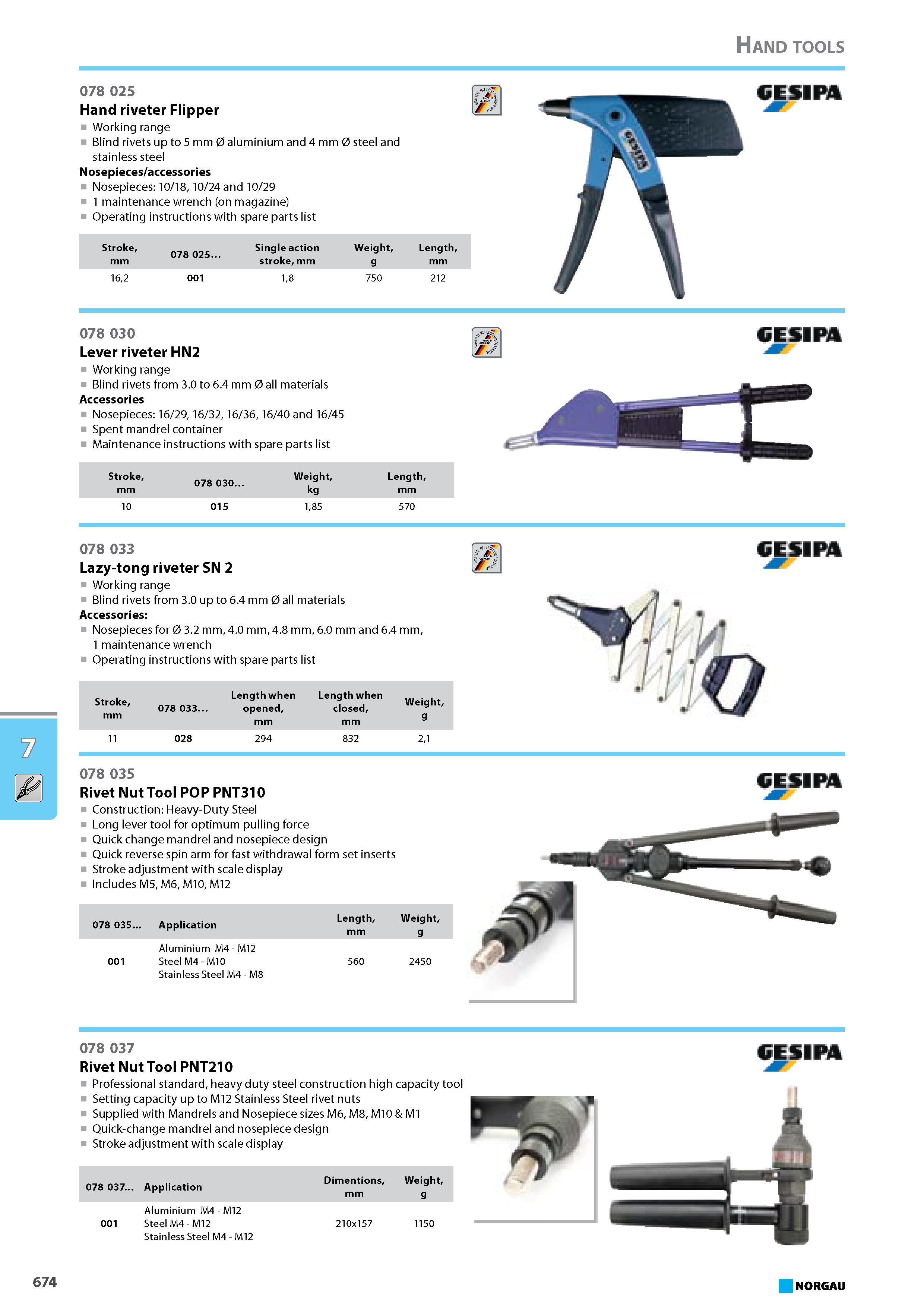 690 Hand riveter Flipper Working range Blind rivets up to 5 mm 0 aluminium and 4 mm 0 steel and stainless steel Nosepieces accessories Nosepieces 10 18 10 24 and 10 29 1 m Каталог NORGAU 2015 Инструмент режущий измерительный слесарно-монтажный Стр. 674