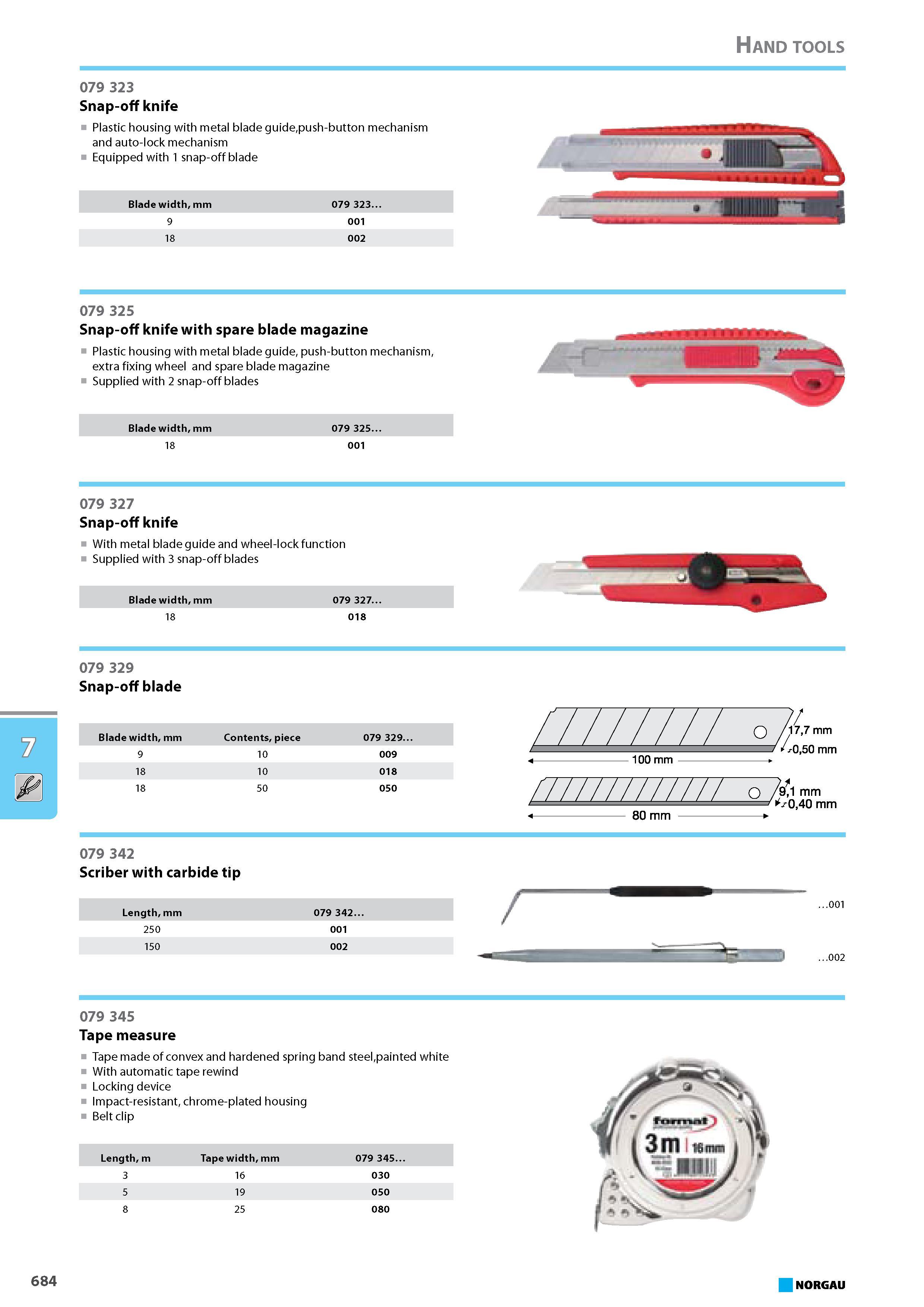 700 Snap-off knife Plastic housing with metal blade guidepush-button mechanism and auto-lock mechanism Equipped with 1 snap-off blade Blade width mm 079 323. 9 001 18 002 Каталог NORGAU 2015 Инструмент режущий измерительный слесарно-монтажный Стр. 684