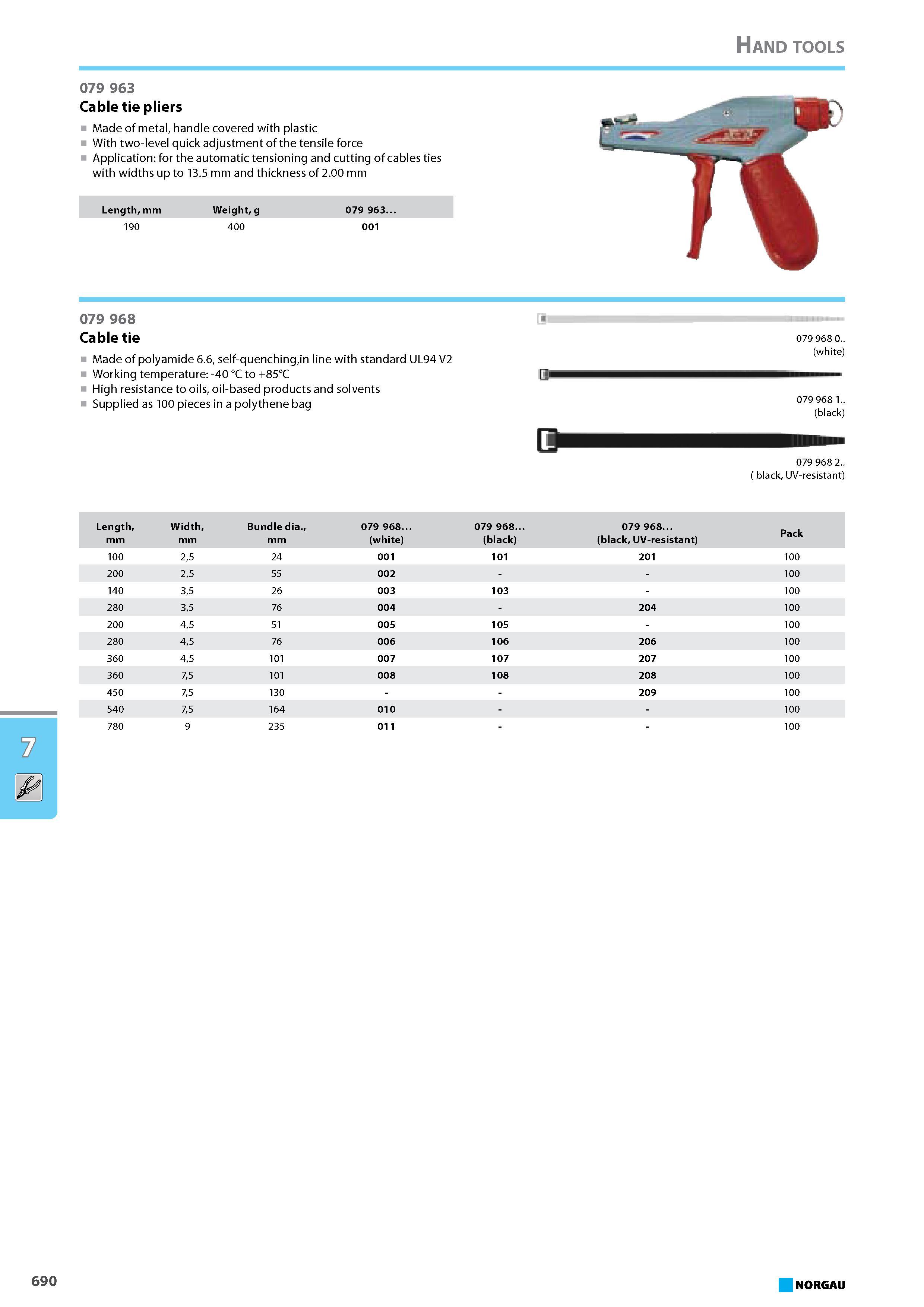 706 Cable tie pliers Made of metal handle covered with plastic With two-level quick adjustment of the tensile force Application for the automatic tensioning and cutting of Каталог NORGAU 2015 Инструмент режущий измерительный слесарно-монтажный Стр. 690
