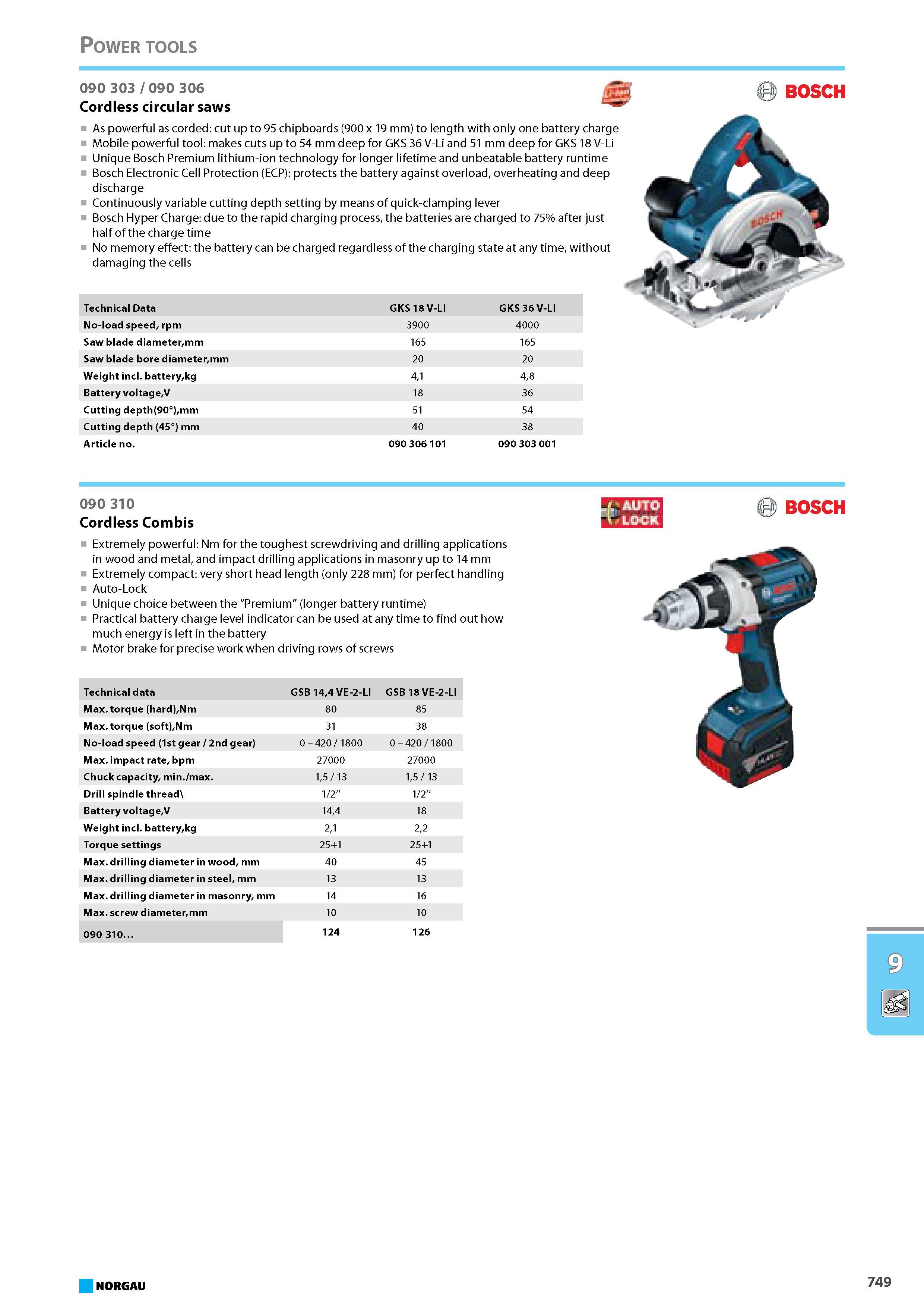 765 Cordless circular saws As powerful as corded cut up to 95 chipboards (900 x 19 mm) to length with only one battery charge Mobile powerful tool makes cuts up to 54 mm d Каталог NORGAU 2015 Инструмент режущий измерительный слесарно-монтажный Стр. 749