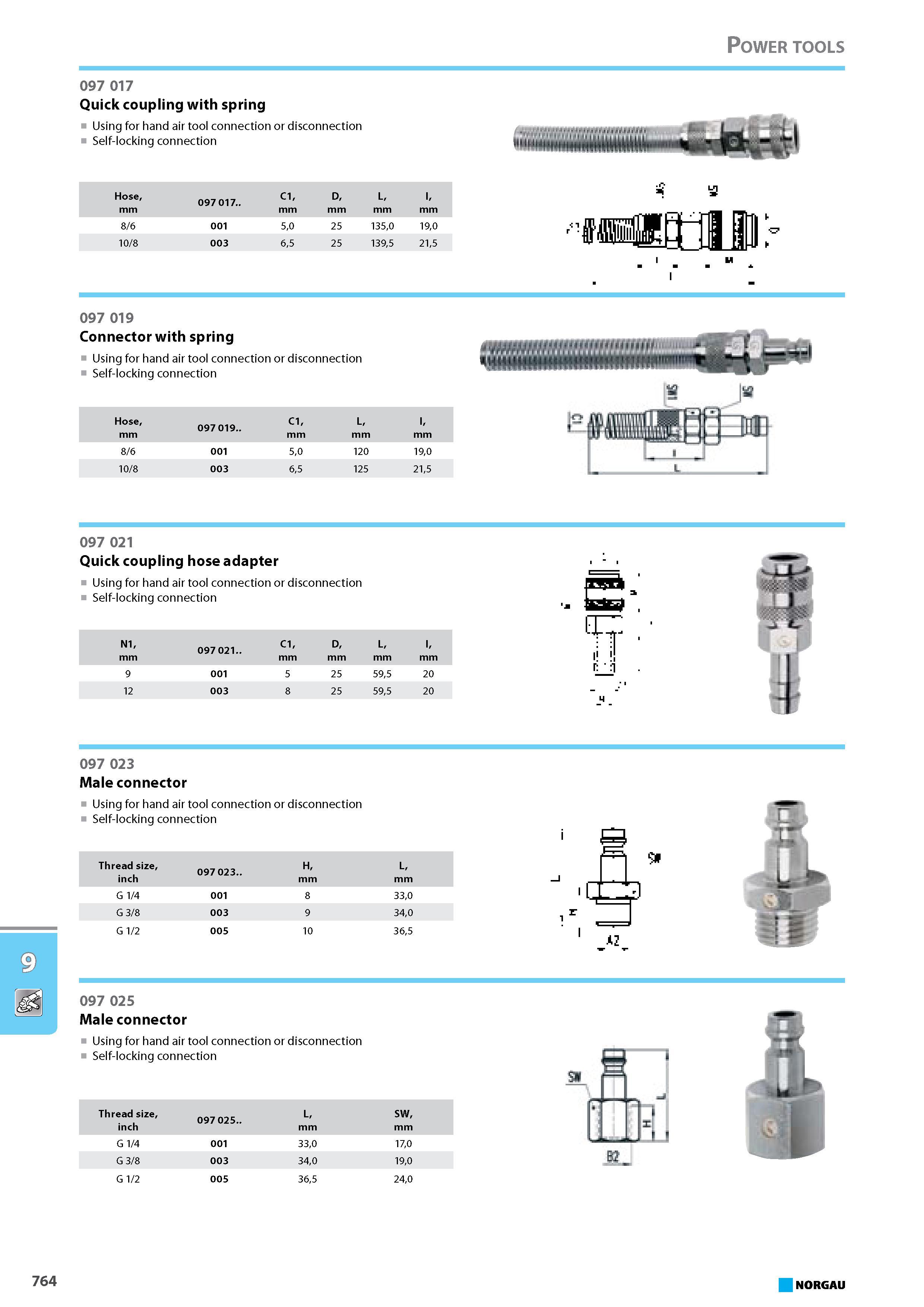 780 Quick coupling with spring Using for hand air tool connection or disconnection Self-locking connection Hose 097 017 C1 D L mm 8 6 001 50 25 1350 190 10 8 003 65 25 139 Каталог NORGAU 2015 Инструмент режущий измерительный слесарно-монтажный Стр. 764