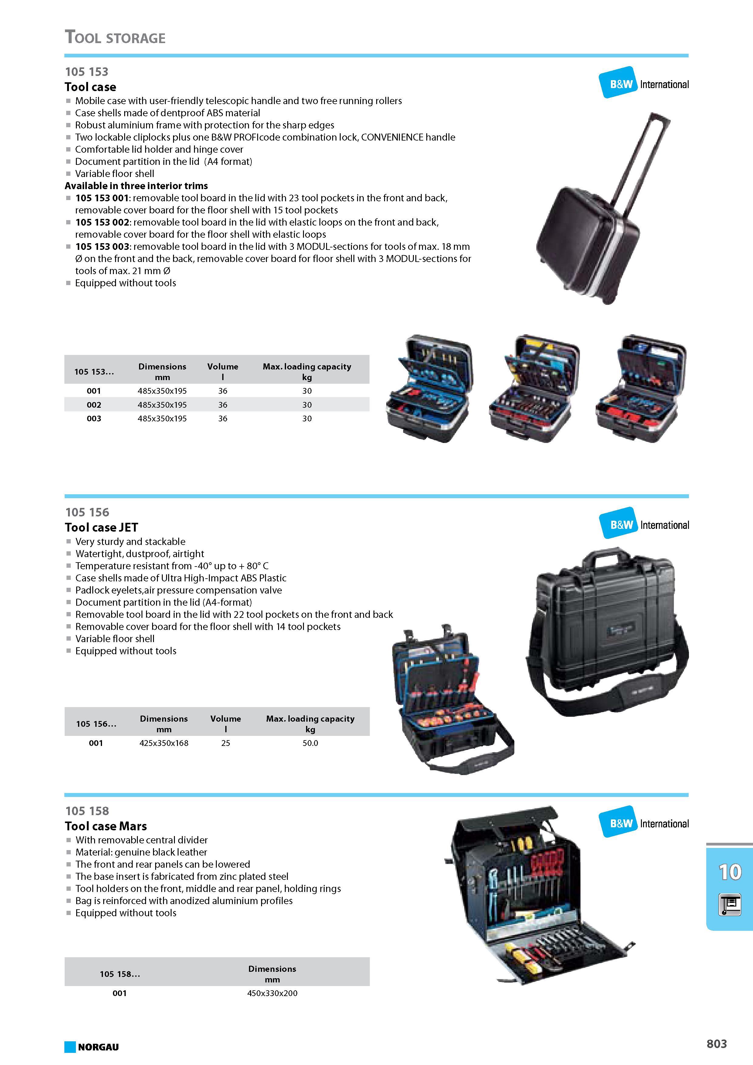819 Tool case Mobile case with user-friendly telescopic handle and two free running rollers Case shells made of dentproof ABS material Robust aluminium frame with protecti Каталог NORGAU 2015 Инструмент режущий измерительный слесарно-монтажный Стр. 803