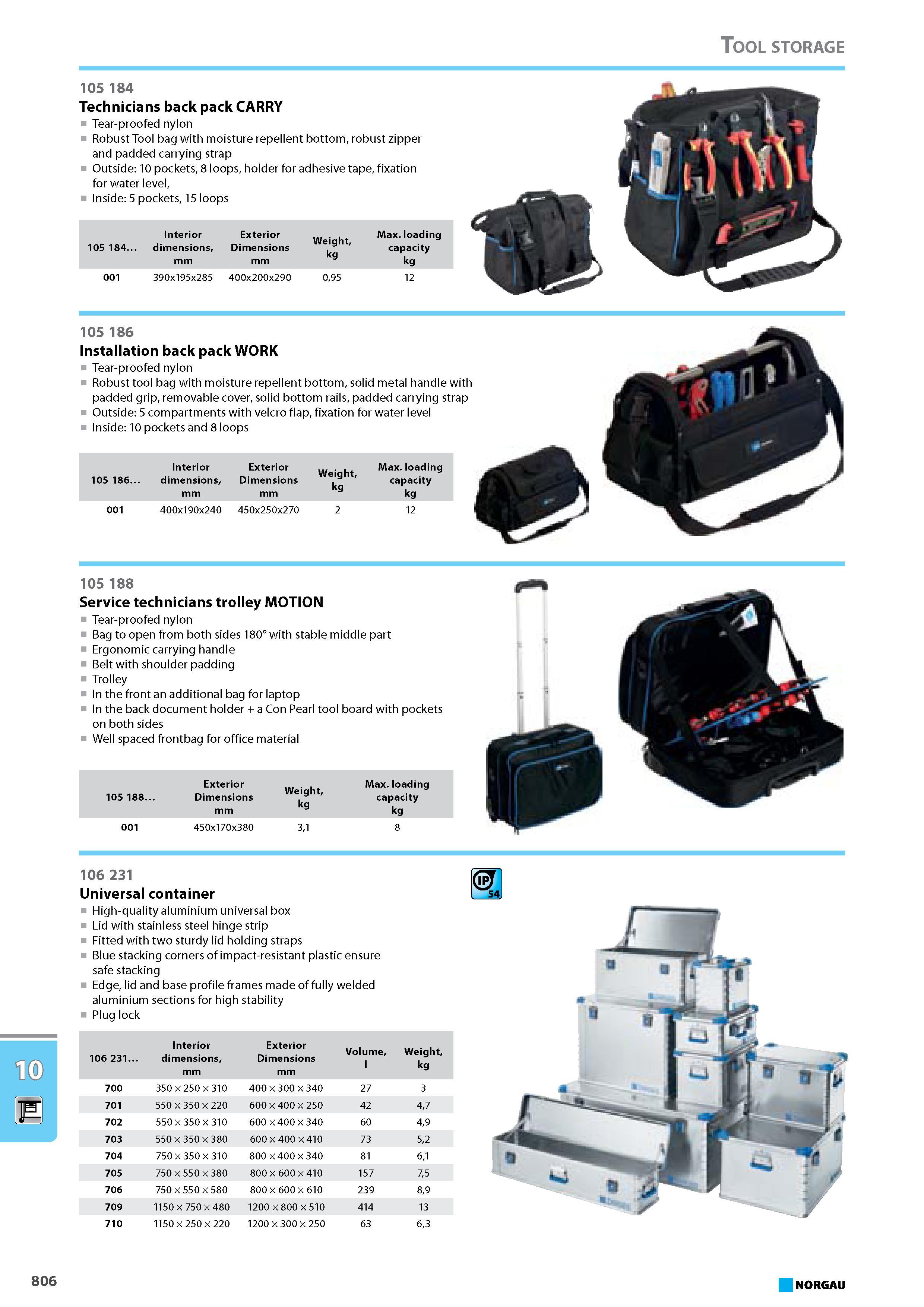 822 Technicians back pack CARRY Tear-proofed nylon Robust Tool bag with moisture repellent bottom robust zipper and padded carrying strap Outside 10 pockets 8 loops holder Каталог NORGAU 2015 Инструмент режущий измерительный слесарно-монтажный Стр. 806