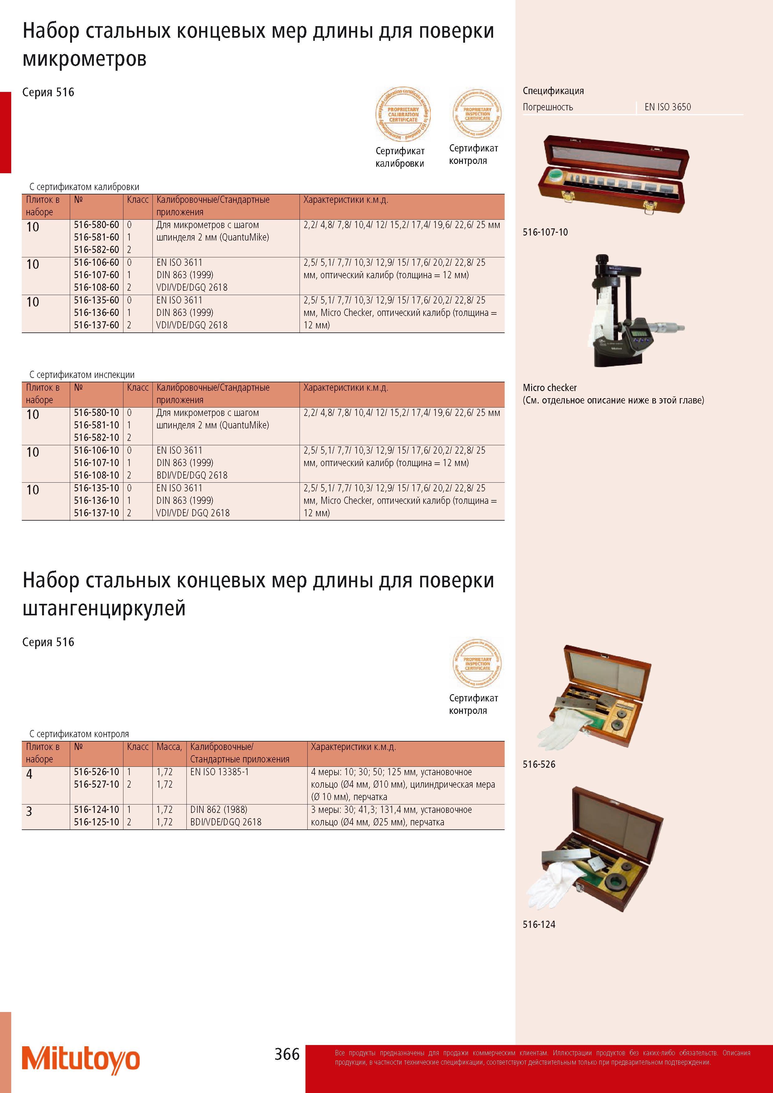 368 Набор стальных концевых мер длины Mitutoyo для поверки микрометров Серия 516 Сертификат калибровки контроля Плиток в наборе Класс Калибровочные Стандартные прил Каталог MITUTOYO 2014 Измерительный инструмент Контрольно-измерительные приборы и оборудование Стр. 366