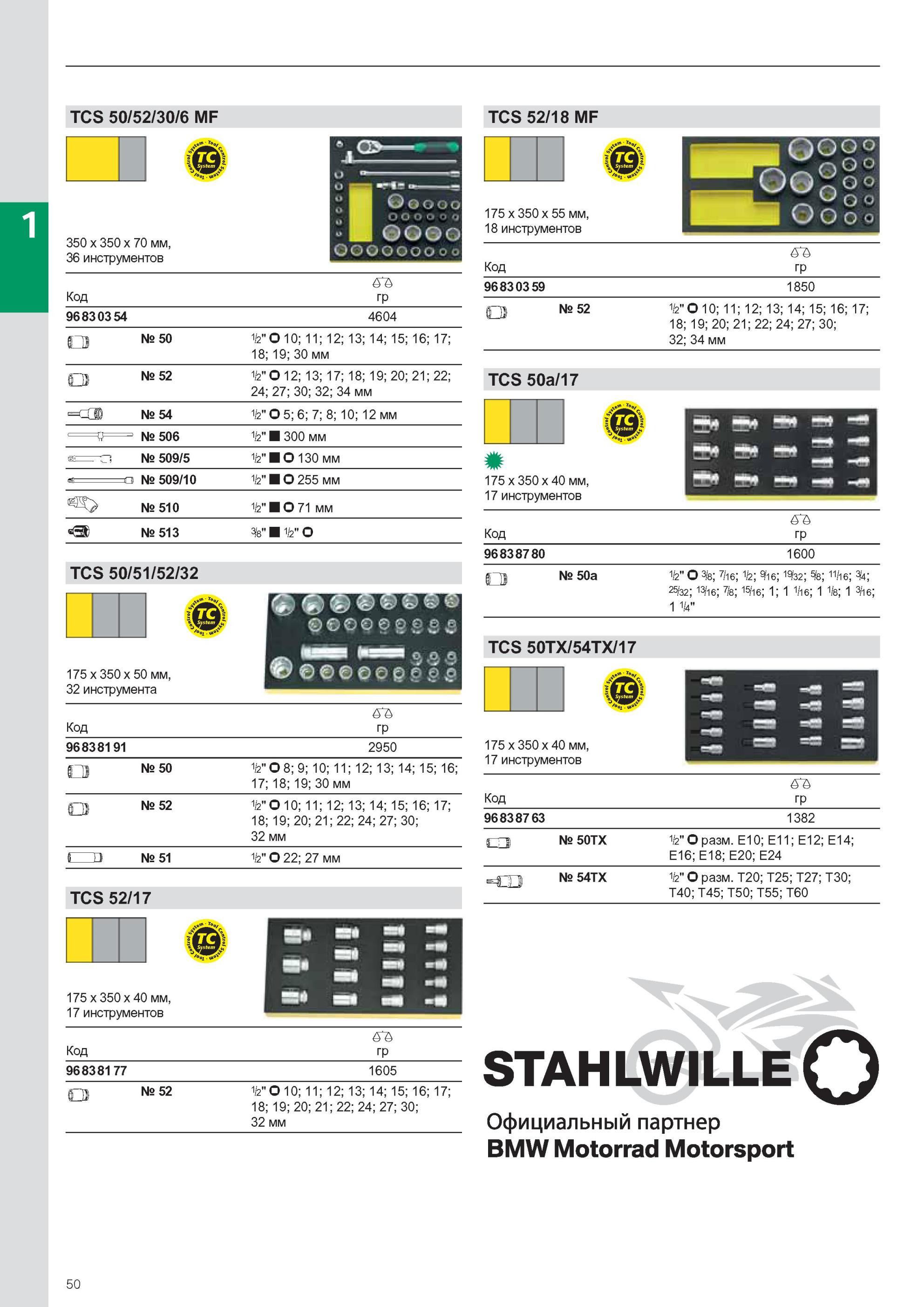 52 Набор инструмента Stahlwille TCS 50/52/30/6 MF TCS 52/18 MF 350 x 350 x 70 мм, 36 инструментов Код 96830354 № 50 № 52 № 54 № 506 № 509/5 №509/10 № 510 № 513 TCS 50/5 Каталог STAHLWILLE 2011 Программа профессионального слесарно-монтажного инструмента Стр. 50