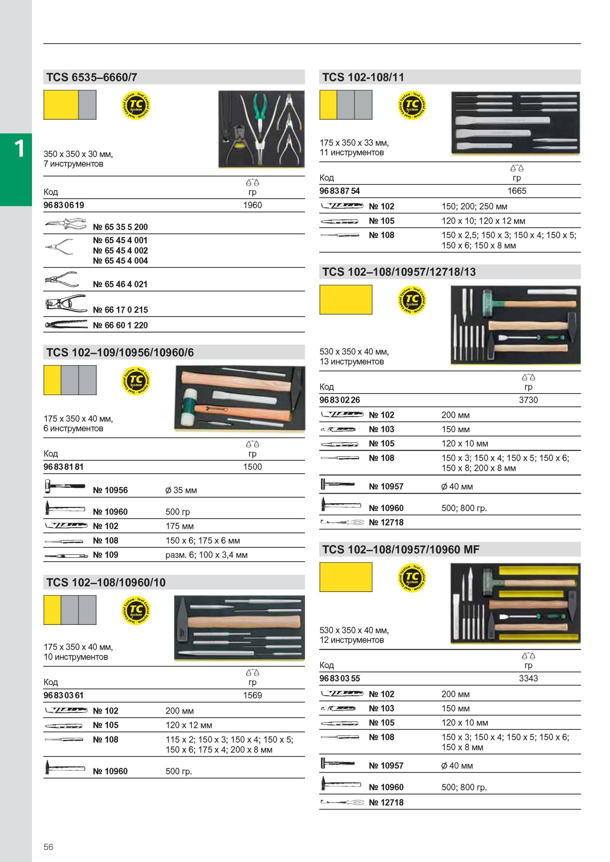 58 Набор инструмента Stahlwille TCS 6535-6660/7 TCS 102-108/11 350 x 350 x 30 мм, 7 инструментов Код R гр 96830619 1960 № 65 35 5 200 № 65 45 4 001 № 65 45 4 002 № 65 4 Каталог STAHLWILLE 2011 Программа профессионального слесарно-монтажного инструмента Стр. 56