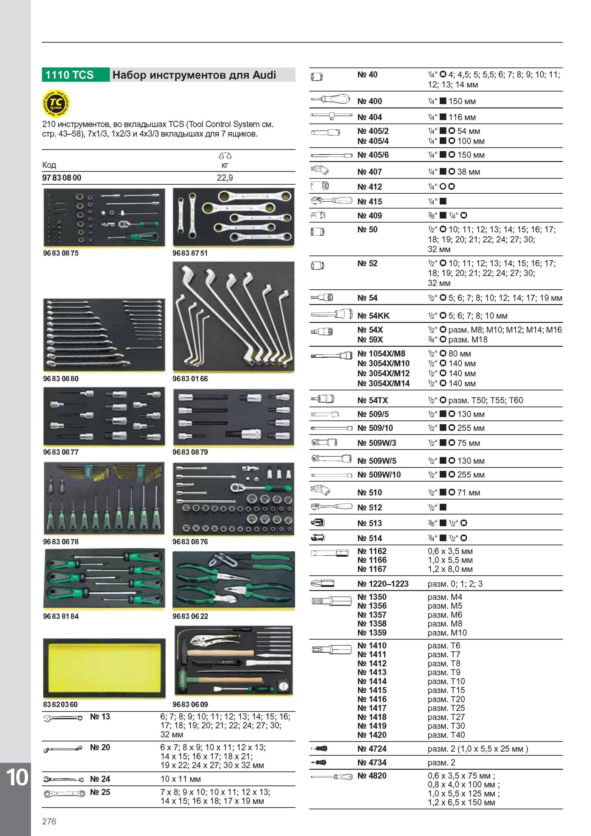 278 1110 TCS Набор инструментов Stahlwille для Audi 210 инструментов, во вкладышах TCS Tool Control System 7x1/3, 1x2/3 и 4x3/3 вкладышах для 7 ящиков. Код R кг 97830800 Каталог STAHLWILLE 2011 Программа профессионального слесарно-монтажного инструмента Стр. 276