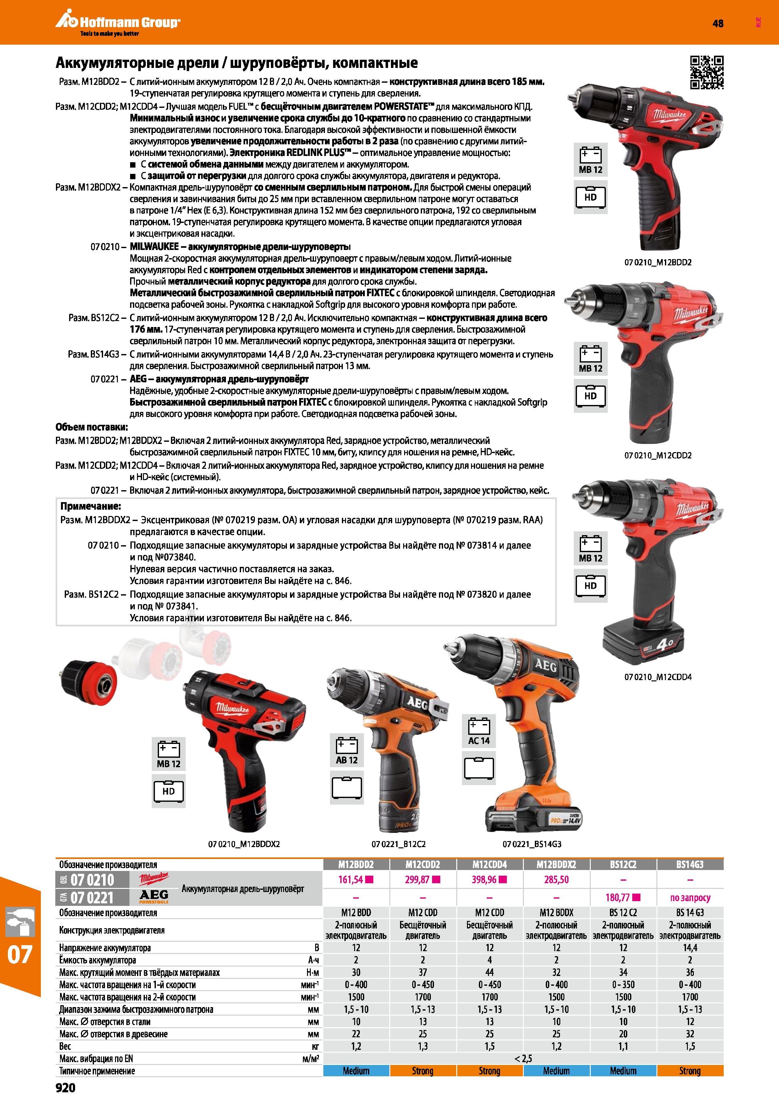 920 Аккумуляторные дрели / шуруповёрты, компактные Разм М12BDD2 - С литий-ионным аккумулятором 12 В / 2,0 Ач Очень компактная - конструктивна Каталог HOFFMANN GROUP 2017 Ручной слесарно-монтажный и контрольно-измерительный инструмент для производственных предприятиий и служб сервиса Инвентарь Стр. 920