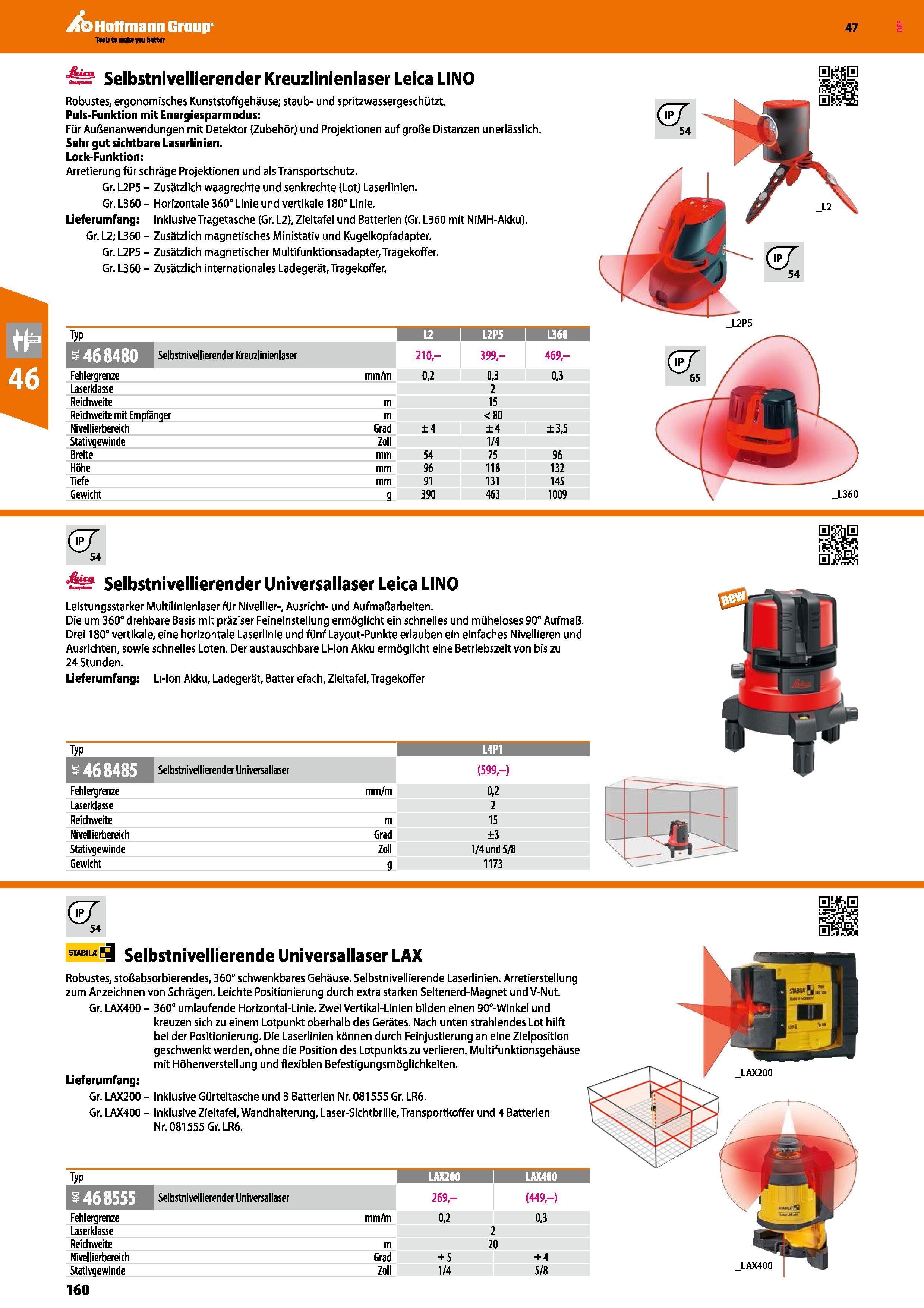 160 Selbstnivellierender Kreuzlinienlaser Leica UNO Robustes, ergonomisches Kunststoffgehäuse; staub- und spritzwassergeschützt Puls-Funktion mit Ene Каталог HOFFMANN GROUP 2016 Ручной слесарно-монтажный и контрольно-измерительный инструмент и приборы для предприятий машиностроения и мастерских сервисного обслуживания 47 версия издания Стр. 160 DEU