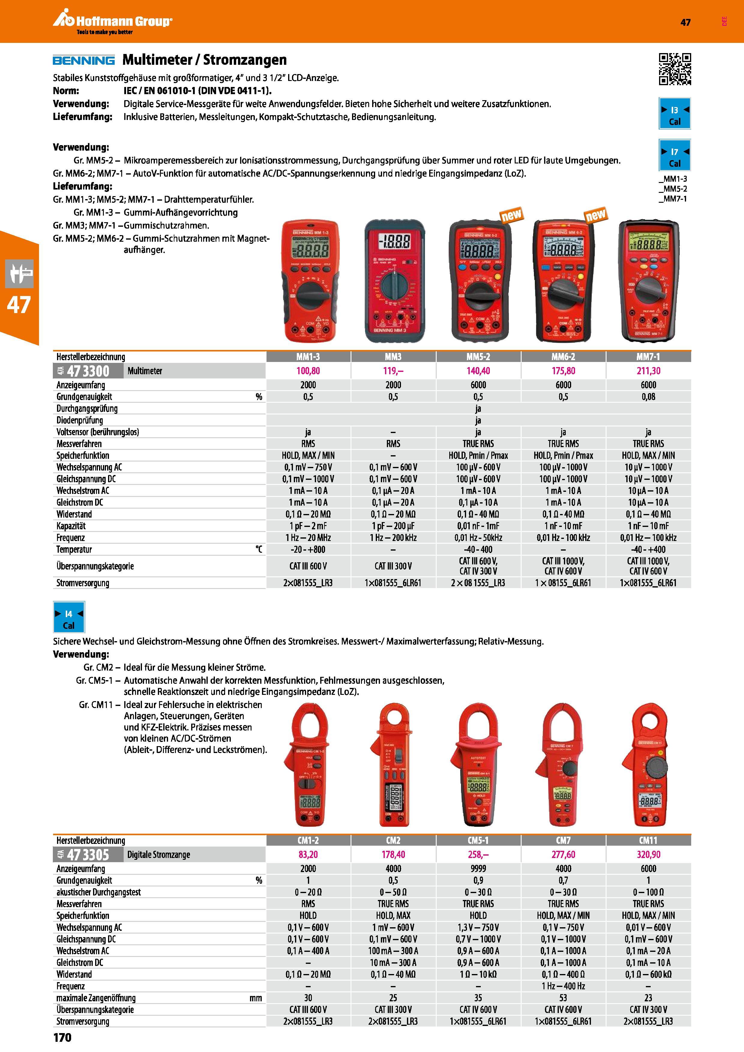 170 benning Multimeter/Stromzangen Stabiles Kunststoffgehäuse mit großformatiger, 4 und 3 1/2 LCD-Anzeige Norm IEC/EN 061010-1 (DIN VDE 0411-1) Verwe Каталог HOFFMANN GROUP 2016 Ручной слесарно-монтажный и контрольно-измерительный инструмент и приборы для предприятий машиностроения и мастерских сервисного обслуживания 47 версия издания Стр. 170 DEU
