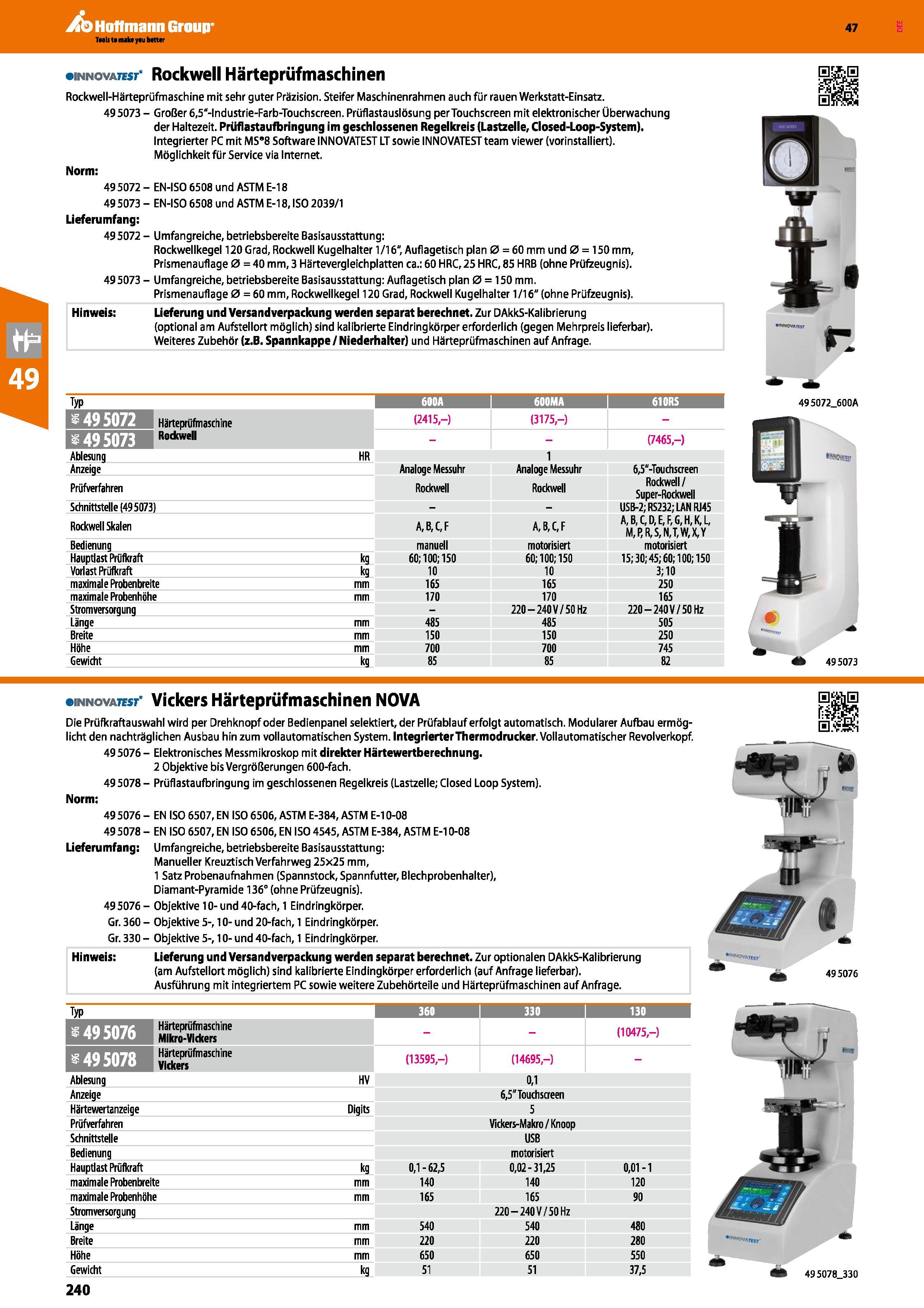 240 Rockwell Härteprüfmaschinen Rockwell-Härteprüfmaschine mit sehr guter Präzision Steifer Maschinenrahmen auch für rauen Werkstatt-Einsatz 495073 - Каталог HOFFMANN GROUP 2016 Ручной слесарно-монтажный и контрольно-измерительный инструмент и приборы для предприятий машиностроения и мастерских сервисного обслуживания 47 версия издания Стр. 240 DEU