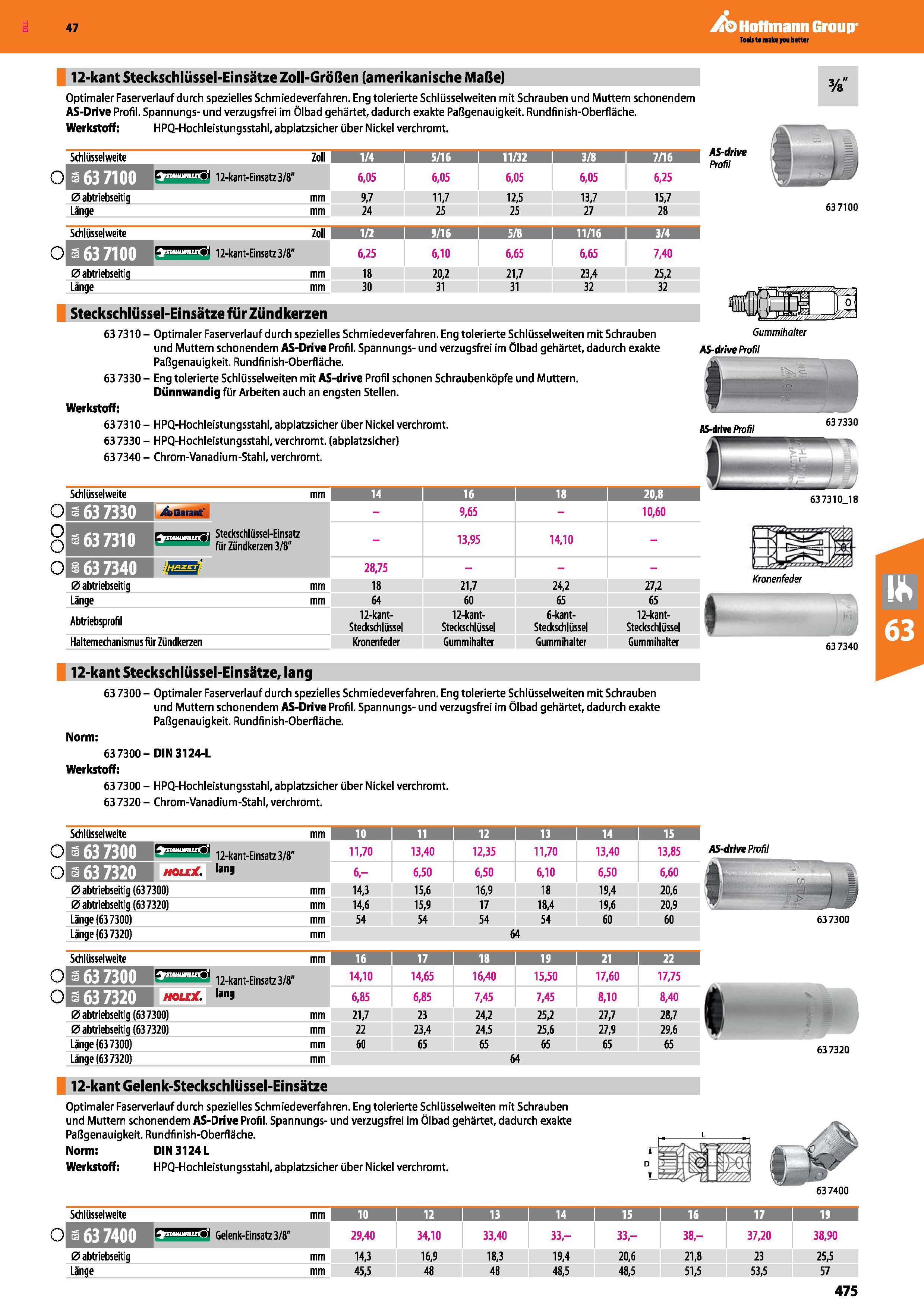 475 12-kant Steckschlüssel-Einsätze Zoll-Größen (amerikanische Maße) Optimaler Faserverlauf durch spezielles Schmiedeverfahren Eng tolerierte Schlüss Каталог HOFFMANN GROUP 2016 Ручной слесарно-монтажный и контрольно-измерительный инструмент и приборы для предприятий машиностроения и мастерских сервисного обслуживания 47 версия издания Стр. 475 DEU