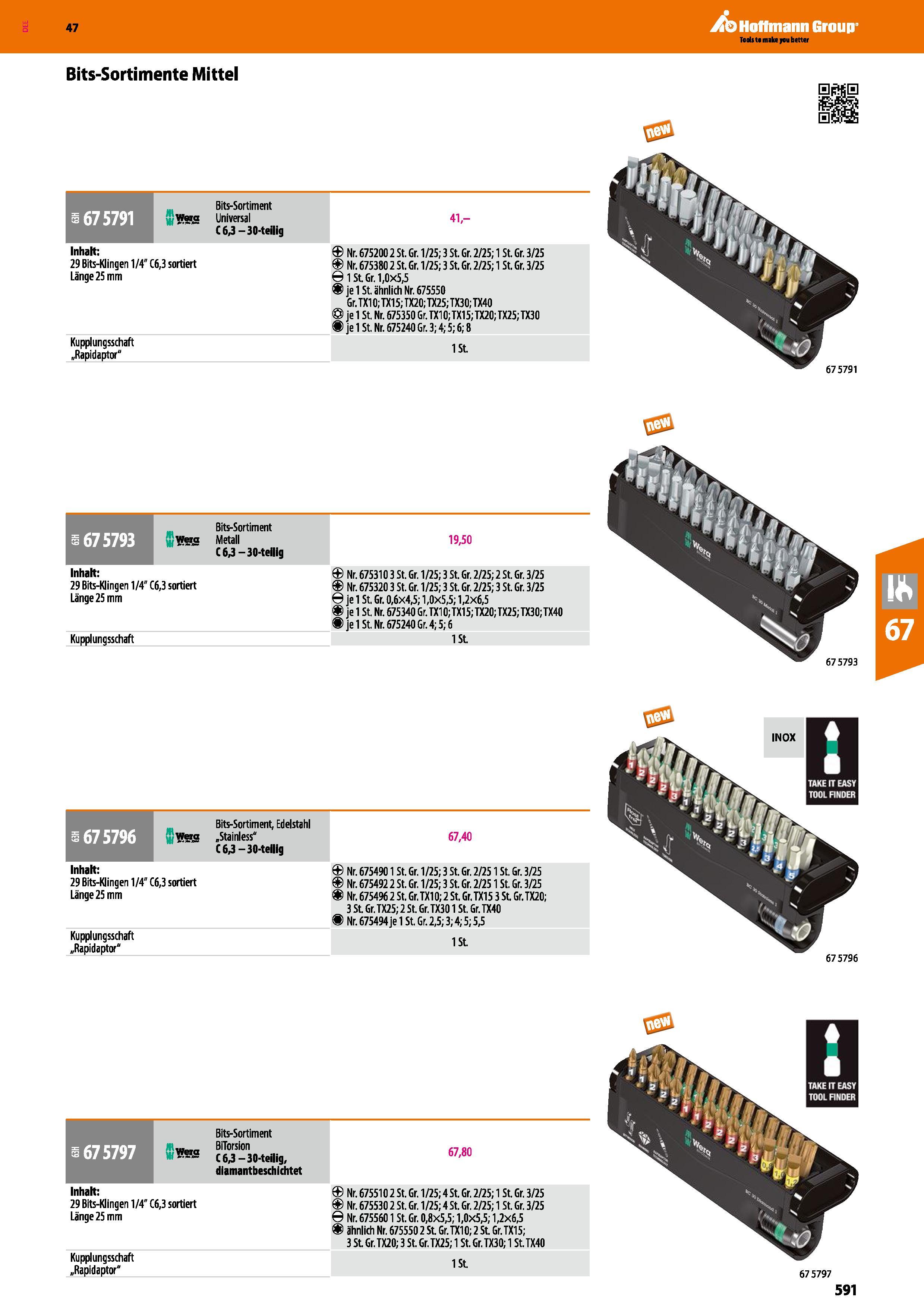 591 Hoffmann Group 47 Bits-Sortimente Mittel 1675791 Bits-Sortiment ü mra Universal (6,3 30-teilig InhaK 29 Bits-Klingen 1/4 C6,3 sortiert Länge 25 m Каталог HOFFMANN GROUP 2016 Ручной слесарно-монтажный и контрольно-измерительный инструмент и приборы для предприятий машиностроения и мастерских сервисного обслуживания 47 версия издания Стр. 591 DEU