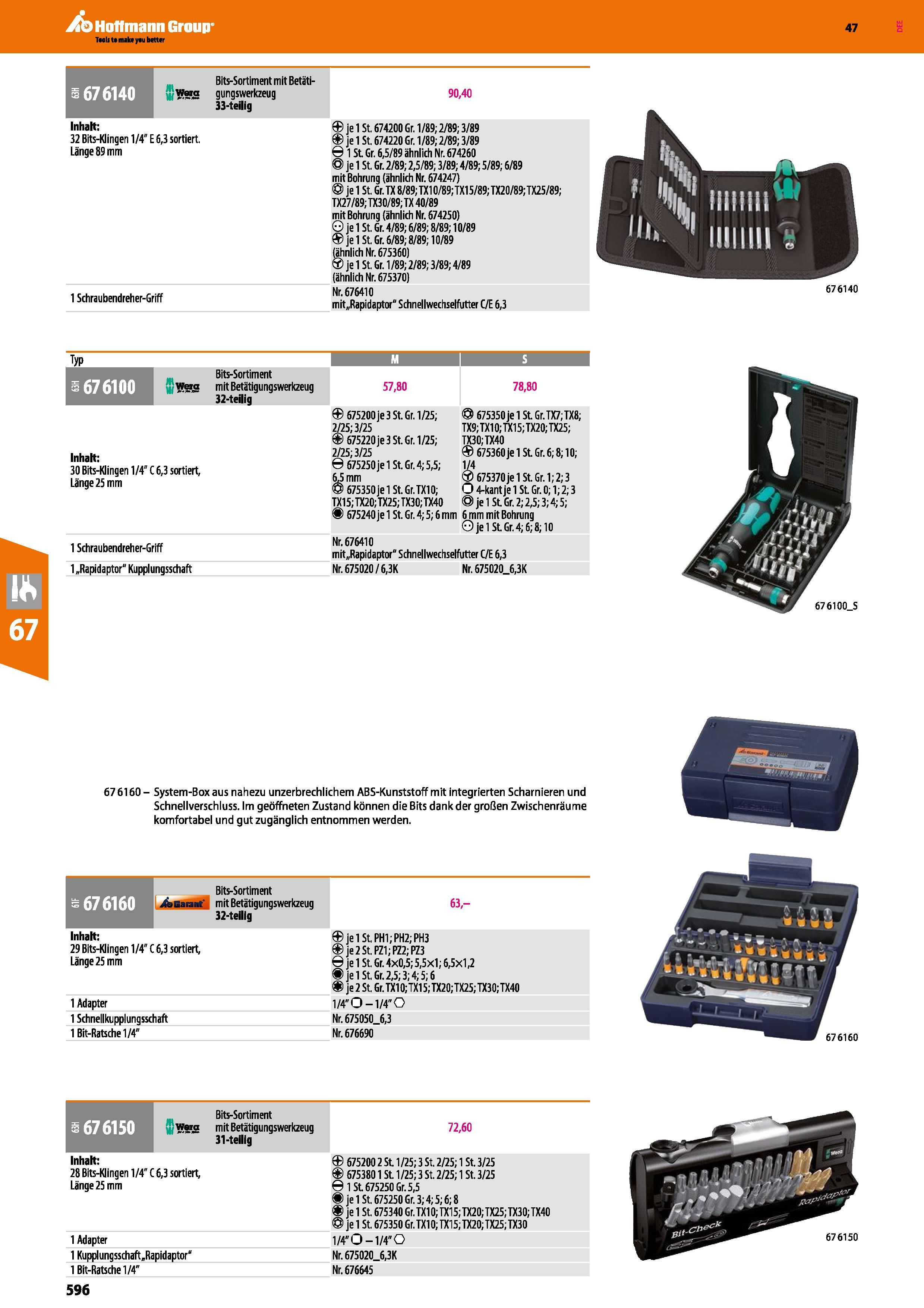 596 Bits-Sortiment mit Betäti- b 676140 wna gungswerkzeug 90,40 33-teilig Inhalt 32 Bits-Klingen 1/4 E 6,3 sortiert Länge 89 mm 1 Schraubendreher-Gri Каталог HOFFMANN GROUP 2016 Ручной слесарно-монтажный и контрольно-измерительный инструмент и приборы для предприятий машиностроения и мастерских сервисного обслуживания 47 версия издания Стр. 596 DEU