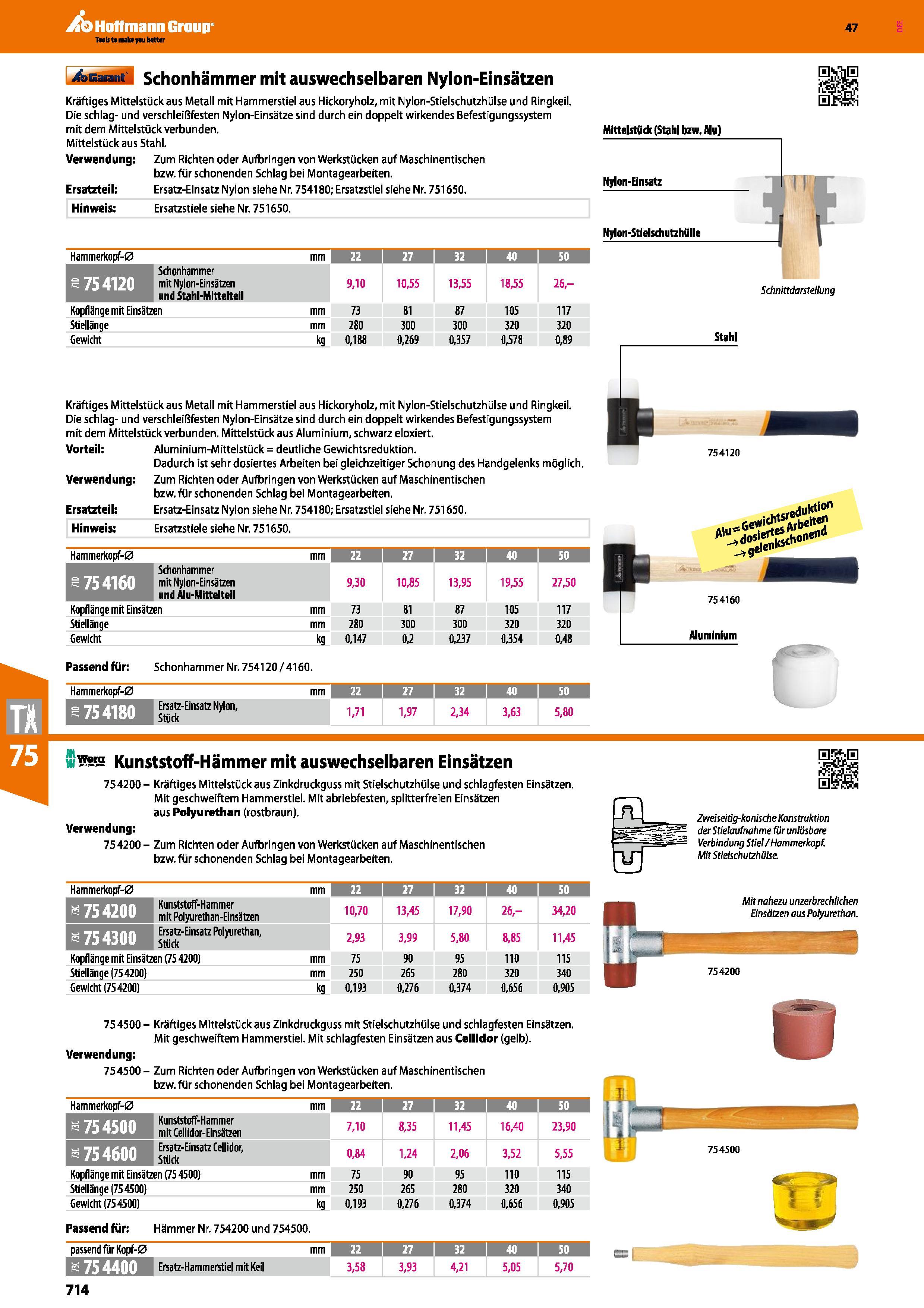 714 4aBB üi Schonhämmer mit auswechselbaren Nylon-Einsätzen Kräftiges Mittelstück aus Metall mit Hammerstiel aus Hickoryholz, mit Nylon-Stielschutzhü Каталог HOFFMANN GROUP 2016 Ручной слесарно-монтажный и контрольно-измерительный инструмент и приборы для предприятий машиностроения и мастерских сервисного обслуживания 47 версия издания Стр. 714 DEU