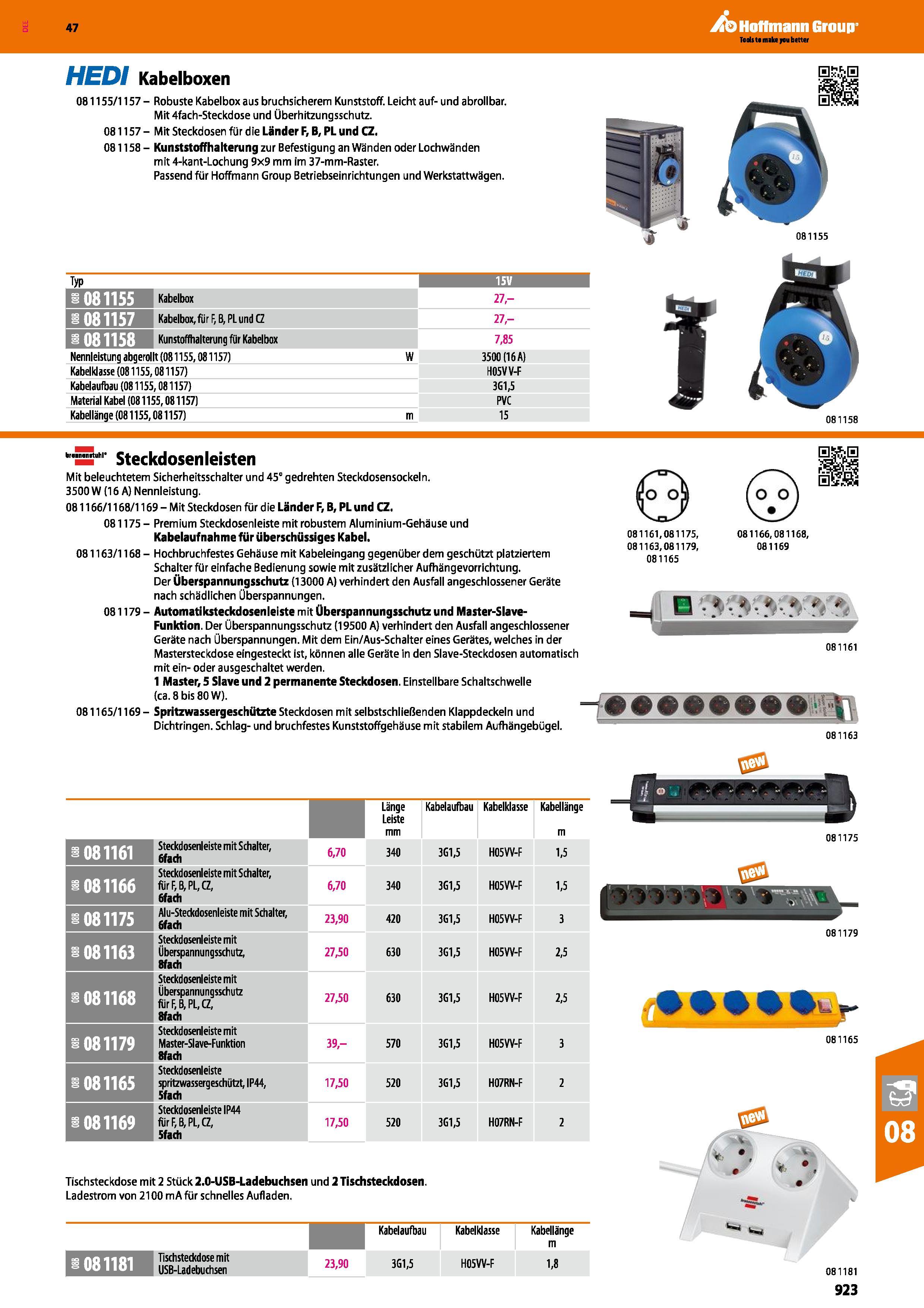 923 HEDI Kabelboxen 081155/1157 - Robuste Kabelbox aus bruchsicherem Kunststoff Leicht auf- und abrollbar Mit4fach-Steckdose und Überhitzungsschutz 0 Каталог HOFFMANN GROUP 2016 Ручной слесарно-монтажный и контрольно-измерительный инструмент и приборы для предприятий машиностроения и мастерских сервисного обслуживания 47 версия издания Стр. 923 DEU