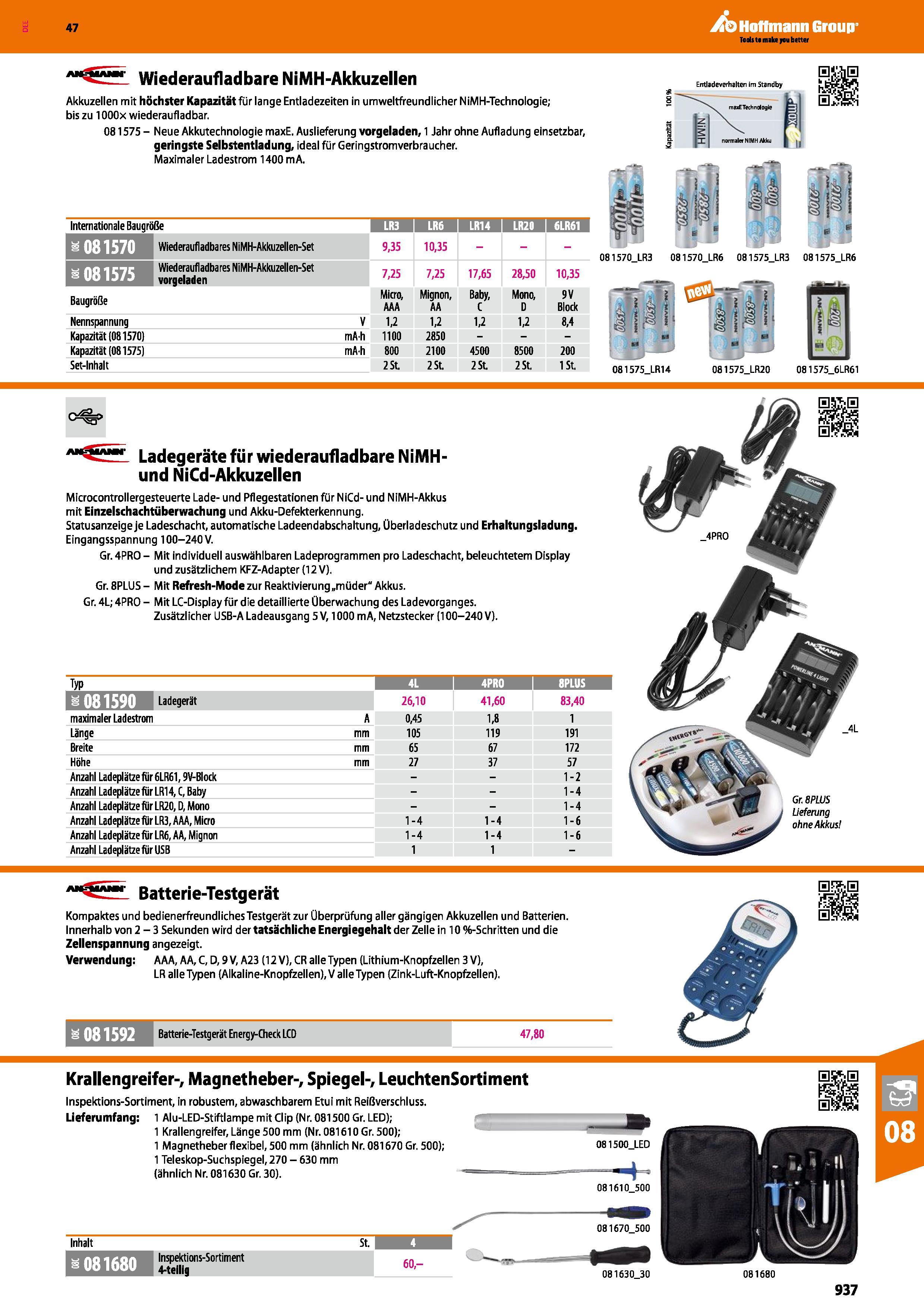 937 Wiederaufladbare NiMH-Akkuzellen Akkuzellen mit höchster Kapazität für lange Entladezeiten in umweltfreundlicher NiMH-Technologie; bis zu lOOOx w Каталог HOFFMANN GROUP 2016 Ручной слесарно-монтажный и контрольно-измерительный инструмент и приборы для предприятий машиностроения и мастерских сервисного обслуживания 47 версия издания Стр. 937 DEU