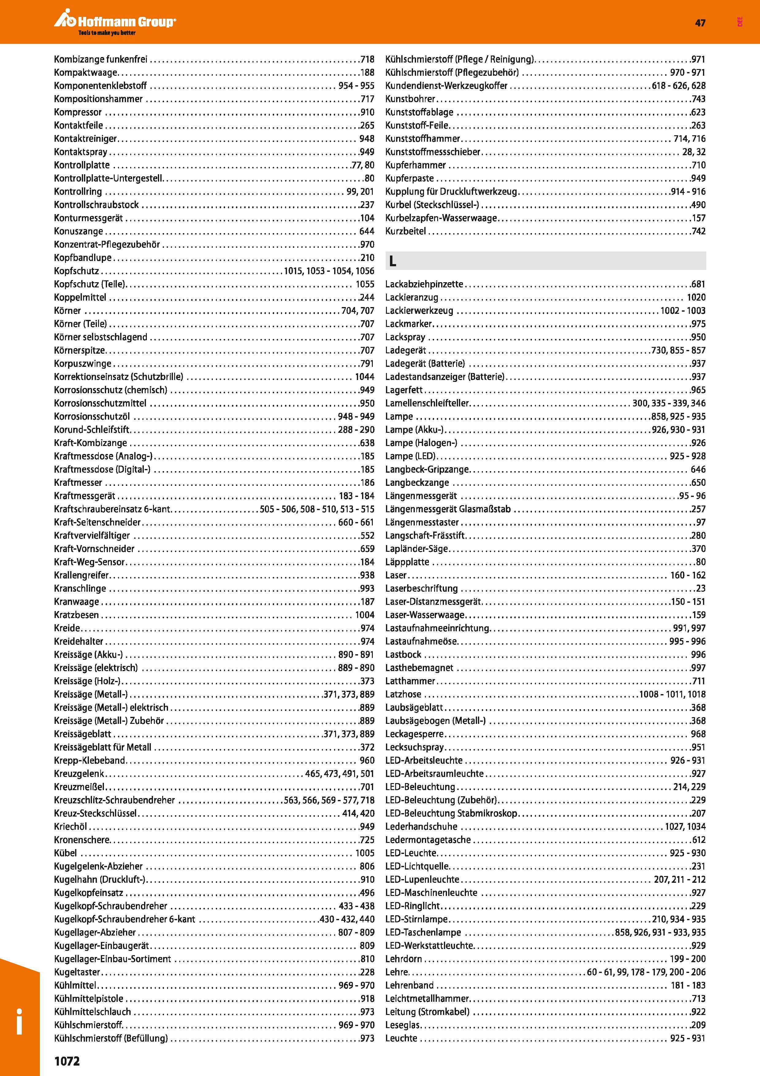 1072 Kombizange funkenfrei 718 Kühlschmierstoff (Pflege / Reinigung) 971 Kompaktwaage 188 Kühlschmierstoff (Pflegezubehör) 970-971 Komponentenklebstof Каталог HOFFMANN GROUP 2016 Ручной слесарно-монтажный и контрольно-измерительный инструмент и приборы для предприятий машиностроения и мастерских сервисного обслуживания 47 версия издания Стр. 1072 DEU
