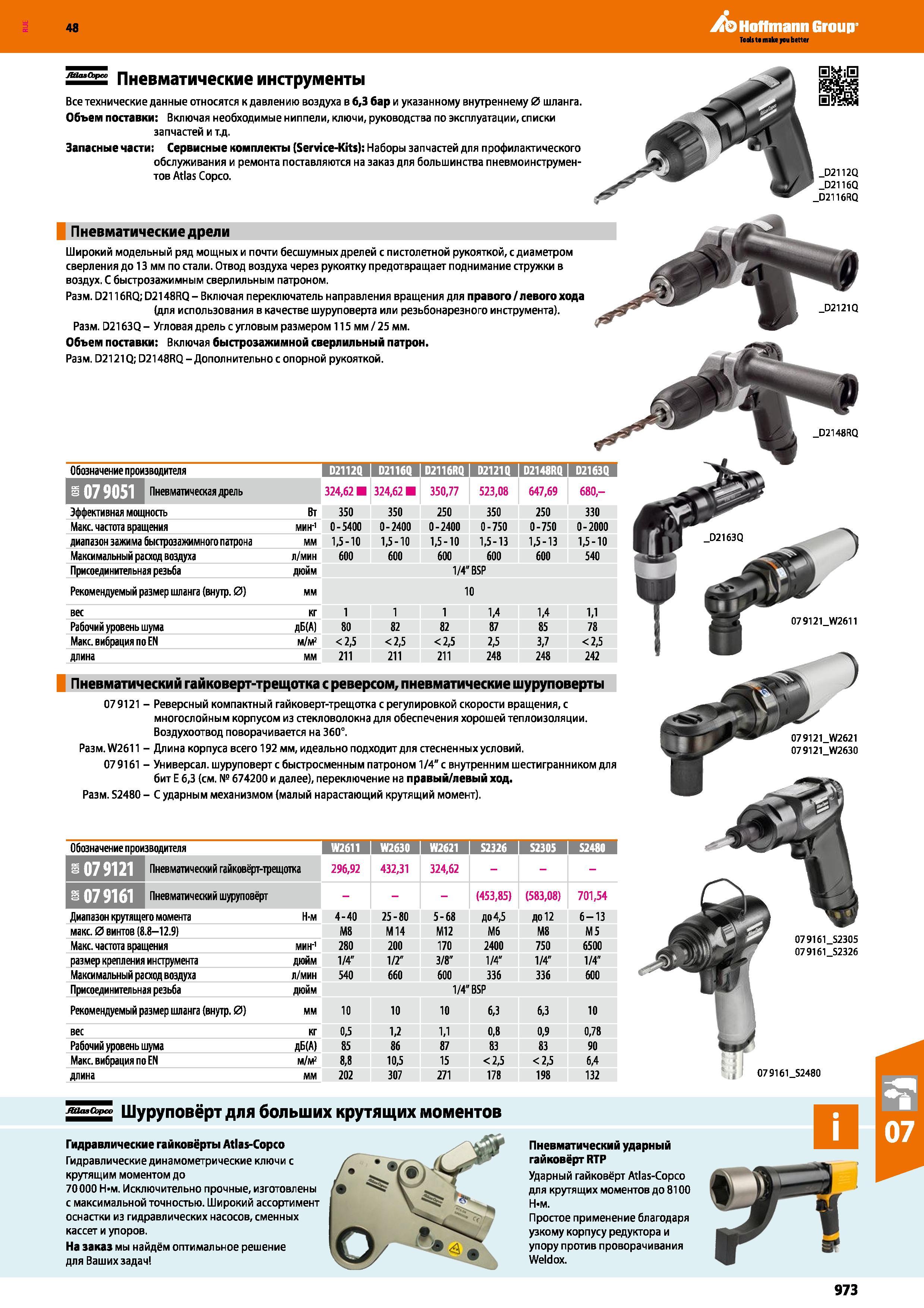973 Пневматические инструменты Все технические данные относятся к давлению воздуха в 6,3 бар и указанному внутреннему диаметру шланга Объем п Каталог HOFFMANN GROUP 2017 Ручной слесарно-монтажный и контрольно-измерительный инструмент для производственных предприятиий и служб сервиса Инвентарь Стр. 973