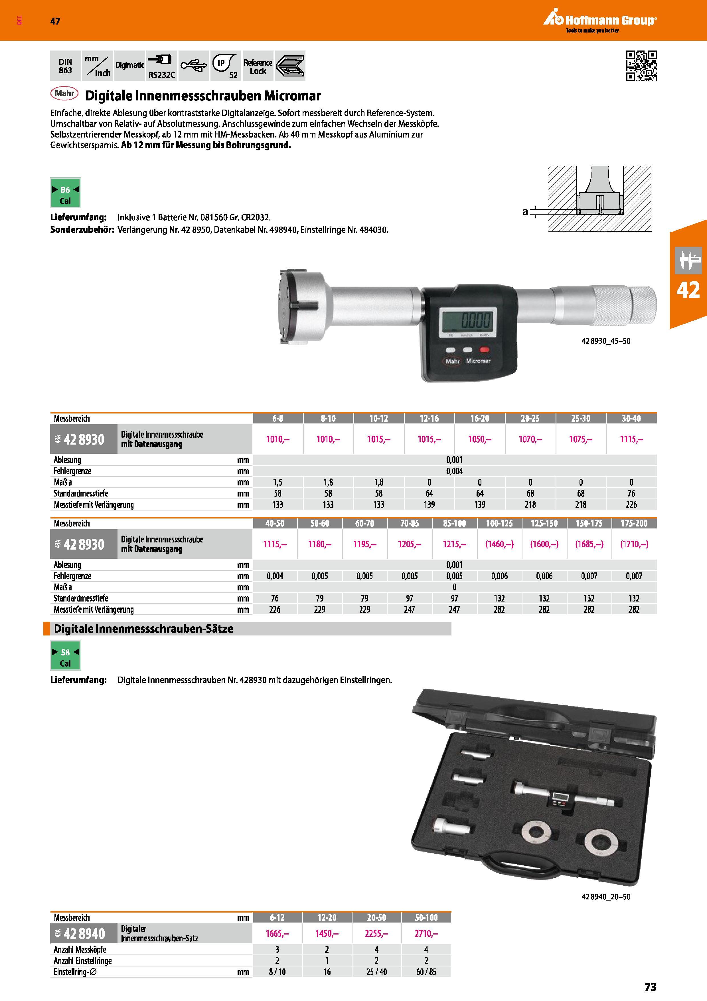 73 DIN Dkpmatic“33 Inch RS232C 863 ST <5 Digitale Innenmessschrauben Micromar Einfache, direkte Ablesung über kontraststarke Digitalanzeige Sofort m Каталог HOFFMANN GROUP 2016 Ручной слесарно-монтажный и контрольно-измерительный инструмент и приборы для предприятий машиностроения и мастерских сервисного обслуживания 47 версия издания Стр. 73 DEU