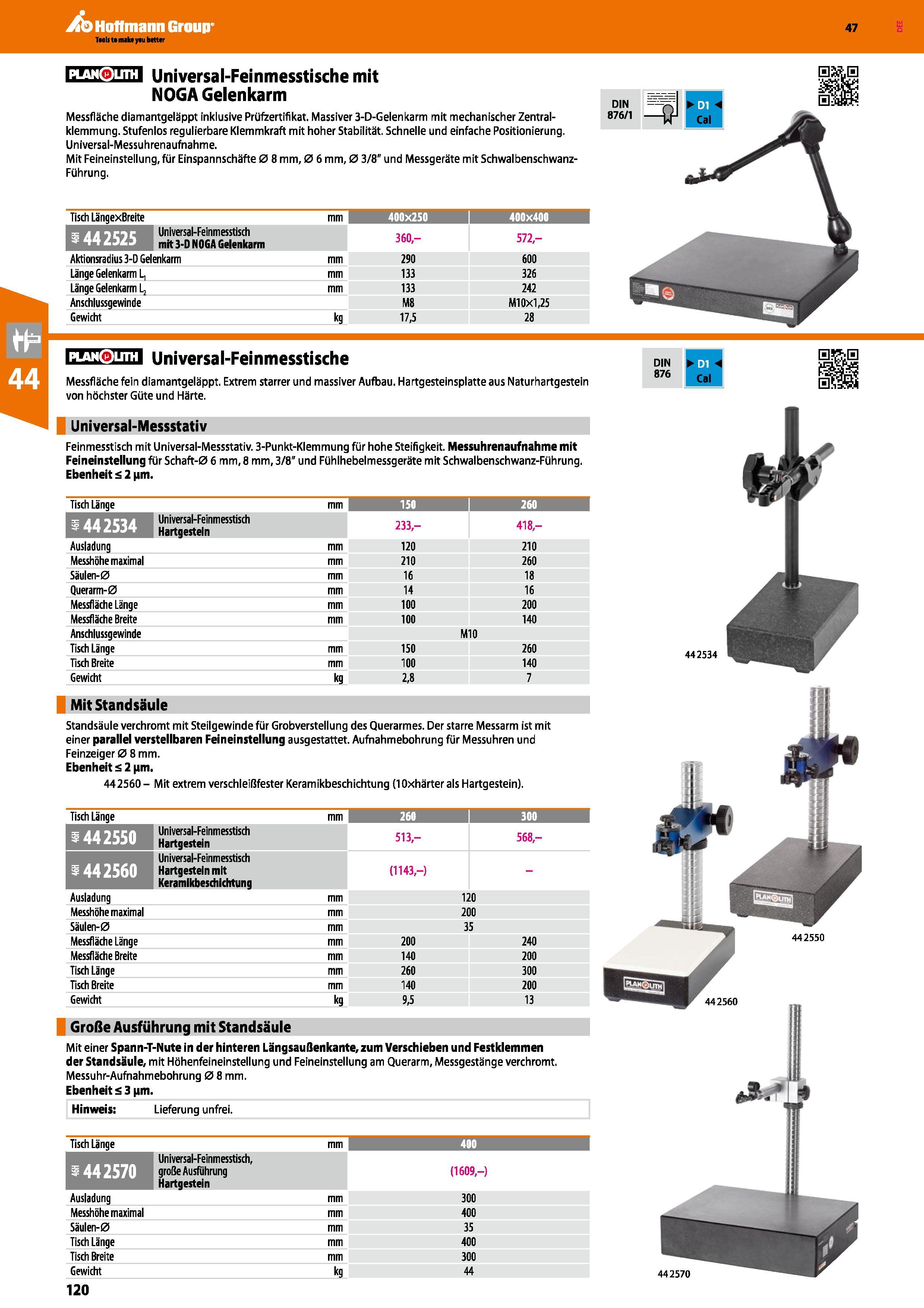120 PLAN0UTH Universal-Feinmesstische mit NOGA Gelenkarm Messfläche diamantgeläppt inklusive Prüfzertifikat Massiver 3-D-Gelenkarm mit mechanischer Z Каталог HOFFMANN GROUP 2016 Ручной слесарно-монтажный и контрольно-измерительный инструмент и приборы для предприятий машиностроения и мастерских сервисного обслуживания 47 версия издания Стр. 120 DEU