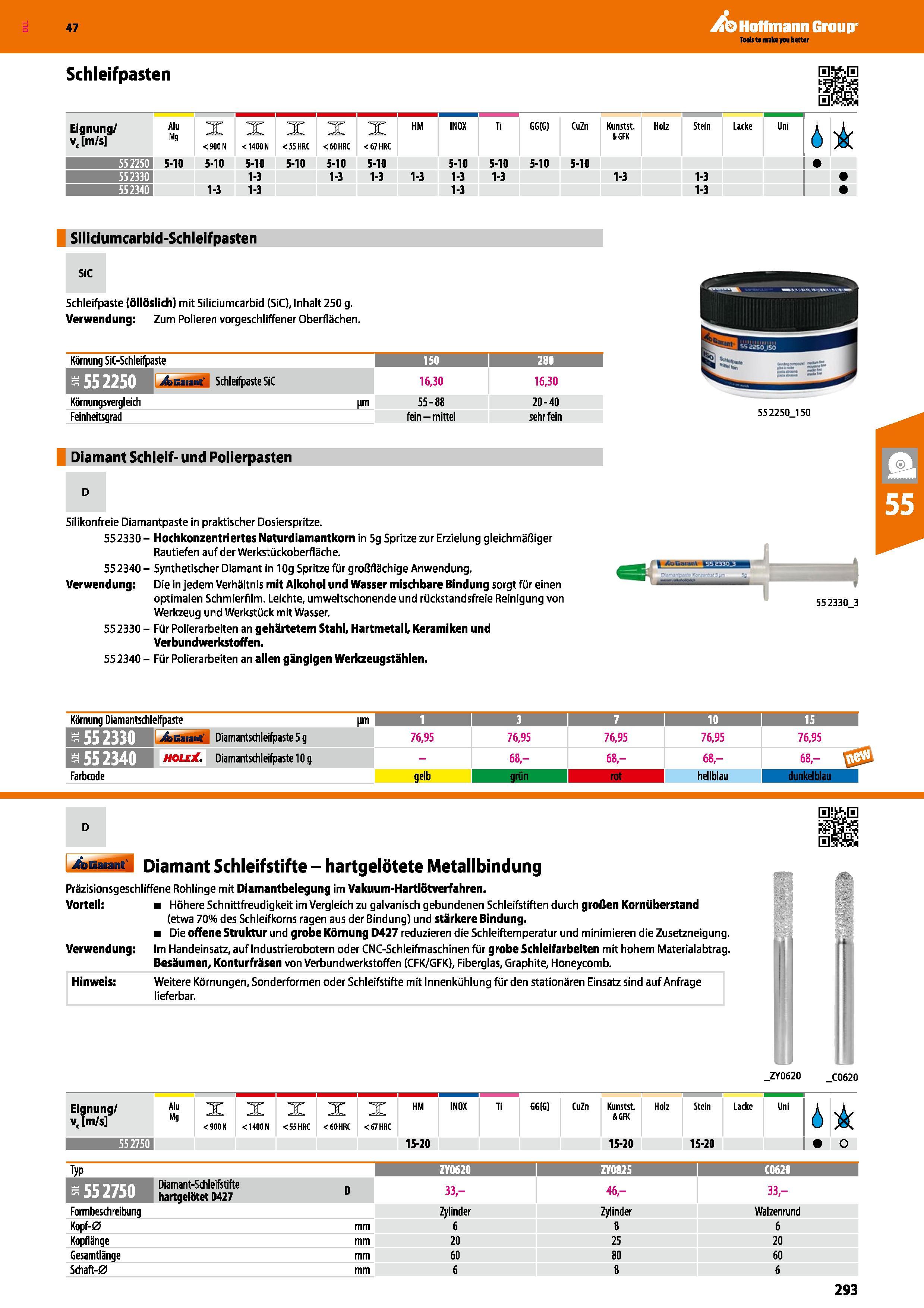 293 Schleifpasten Eignung/ v, m/s Alu Mg X < 900 N X < 1400 N X <55 HRC X < 60 HRC X <67 HRC HM INOX Ti GG(G) CuZn Kunstst &GFK Holz Stein Lacke Uni Каталог HOFFMANN GROUP 2016 Ручной слесарно-монтажный и контрольно-измерительный инструмент и приборы для предприятий машиностроения и мастерских сервисного обслуживания 47 версия издания Стр. 293 DEU
