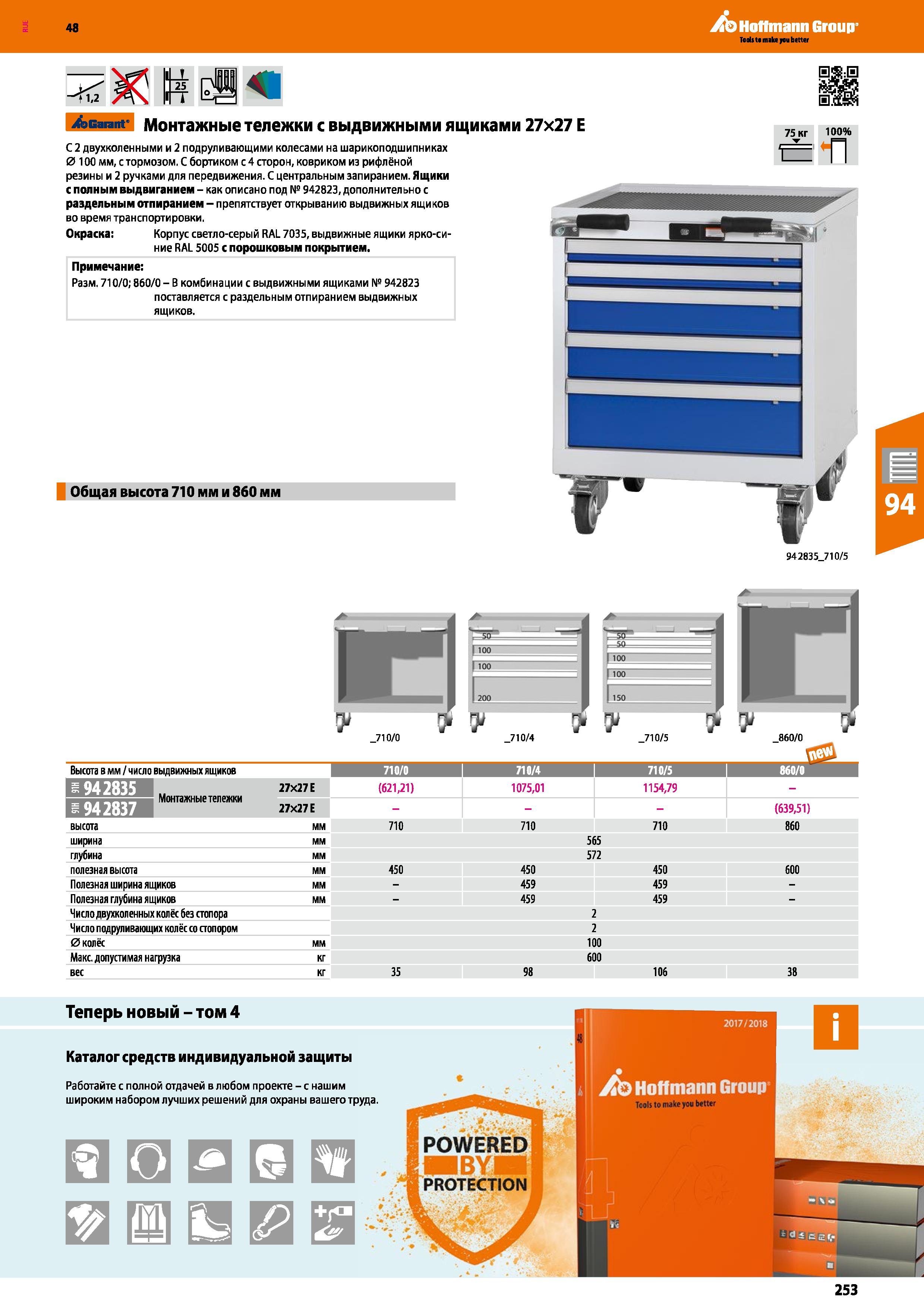 253 48 Hoffmann Group <1,2 25 Garant Монтажные тележки с выдвижными ящиками 27x27 Е С 2 двухколенными и 2 подруливающими колесами на шарикоподшипника Каталог HOFFMANN GROUP 2017 Мебель производственная Промышленные системы хранения Рабочие места Верстаки Автоматизированные шкафы Складское оборудование Стр. 253