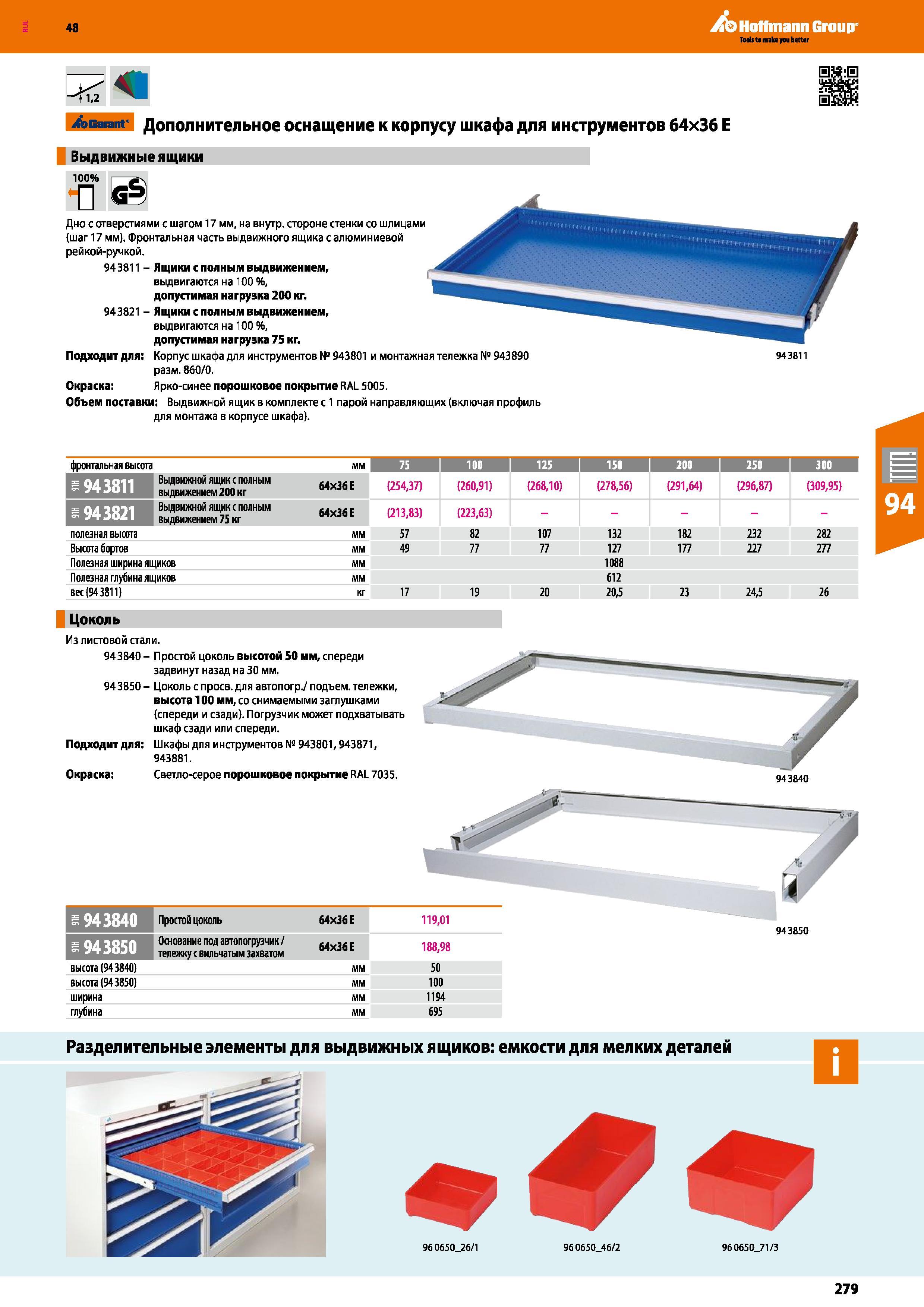 279 48 Hoffmann Group <1,2 Garant Дополнительное оснащение к корпусу шкафа для инструментов 64x36 Е Выдвижные ящики Дно с отверстиями с шагом 17 мм, Каталог HOFFMANN GROUP 2017 Мебель производственная Промышленные системы хранения Рабочие места Верстаки Автоматизированные шкафы Складское оборудование Стр. 279