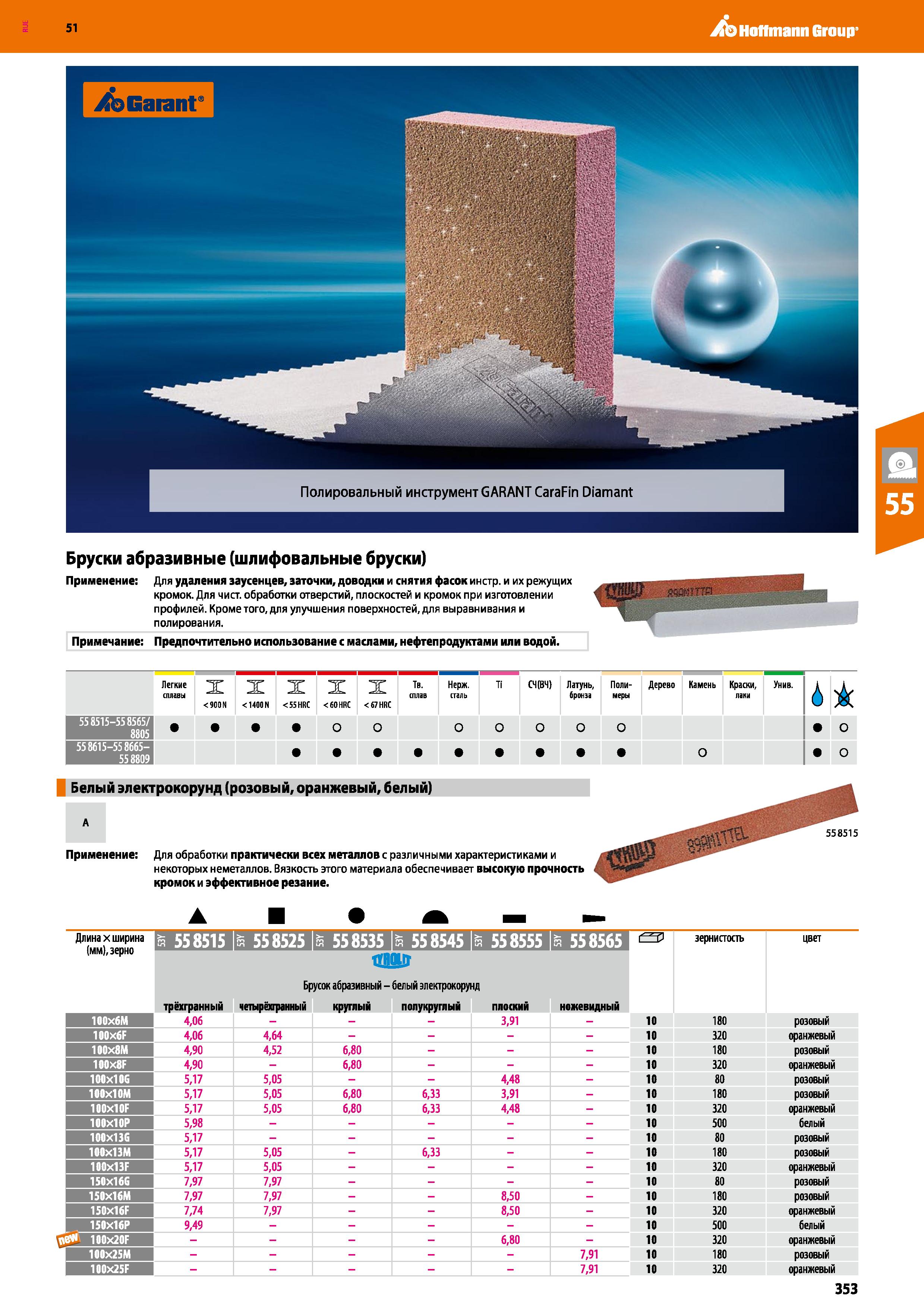 353 Hoffmann Group 51 /bGarant Полировальный инструмент GARANT CaraFin Diamant Бруски абразивные (шлифовальные бруски) Применение: Для удаления заусе Каталог HOFFMANN GROUP 2020 Измерительный и ручной инструмент Инвентарь Абразивы Шлифовальные и отрезные круги Электроинструмент Пневмоинструмент Штангенциркули Стр. 353
