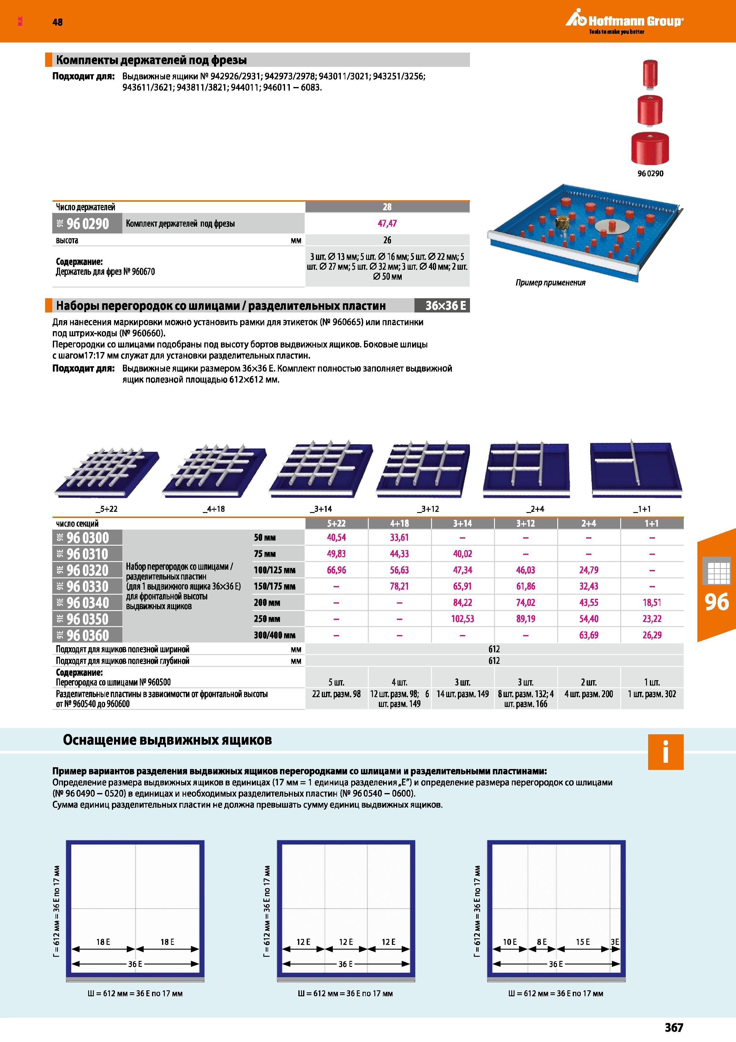 367 48 Hoffmann Group Комплекты держателей под фрезы Подходит для: Выдвижные ящики № 942926/2931; 942973/2978; 943011 /3021; 943251 /3256; 943611/362 Каталог HOFFMANN GROUP 2017 Мебель производственная Промышленные системы хранения Рабочие места Верстаки Автоматизированные шкафы Складское оборудование Стр. 367