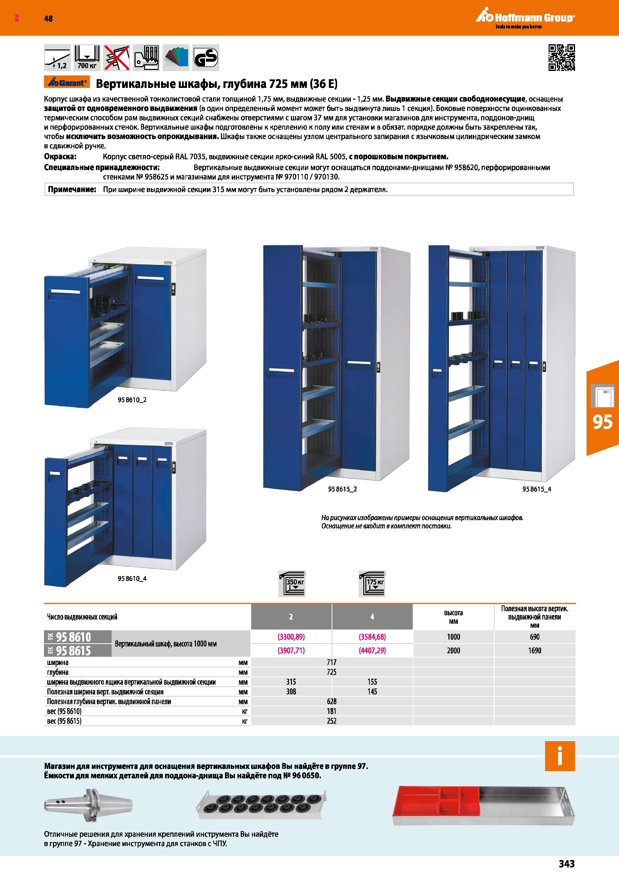 343 48 Hoffmann Group Вертикальные шкафы, глубина 725 мм (36 Е) Корпус шкафа из качественной тонколистовой стали толщиной 1,75 мм, выдвижные секции - Каталог HOFFMANN GROUP 2017 Мебель производственная Промышленные системы хранения Рабочие места Верстаки Автоматизированные шкафы Складское оборудование Стр. 343