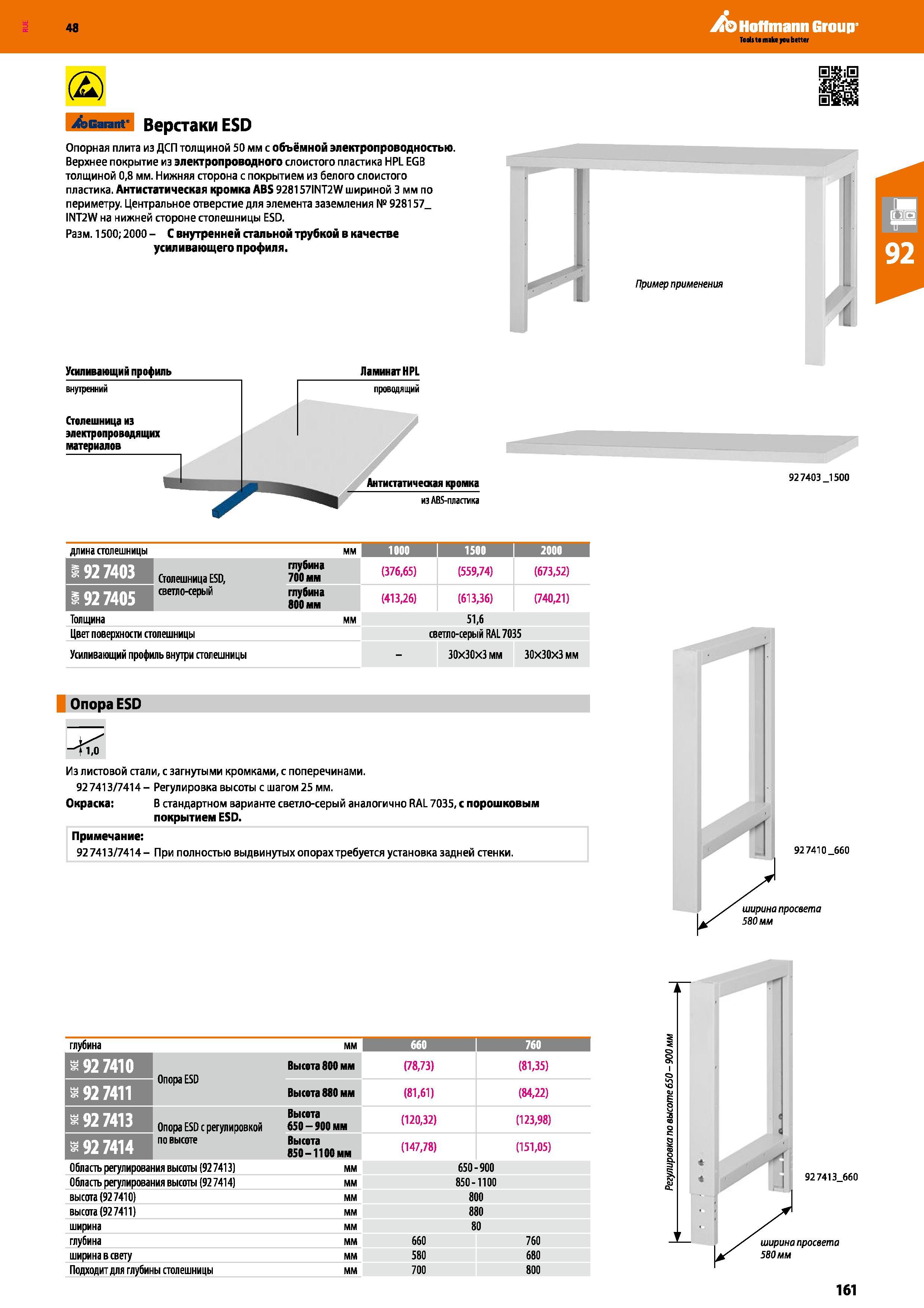 161 48 Hoffmann Group (2) Garant Верстаки ESD Опорная плита из ДСП толщиной 50 мм с объёмной электропроводностью Верхнее покрытие из электропроводног Каталог HOFFMANN GROUP 2017 Мебель производственная Промышленные системы хранения Рабочие места Верстаки Автоматизированные шкафы Складское оборудование Стр. 161