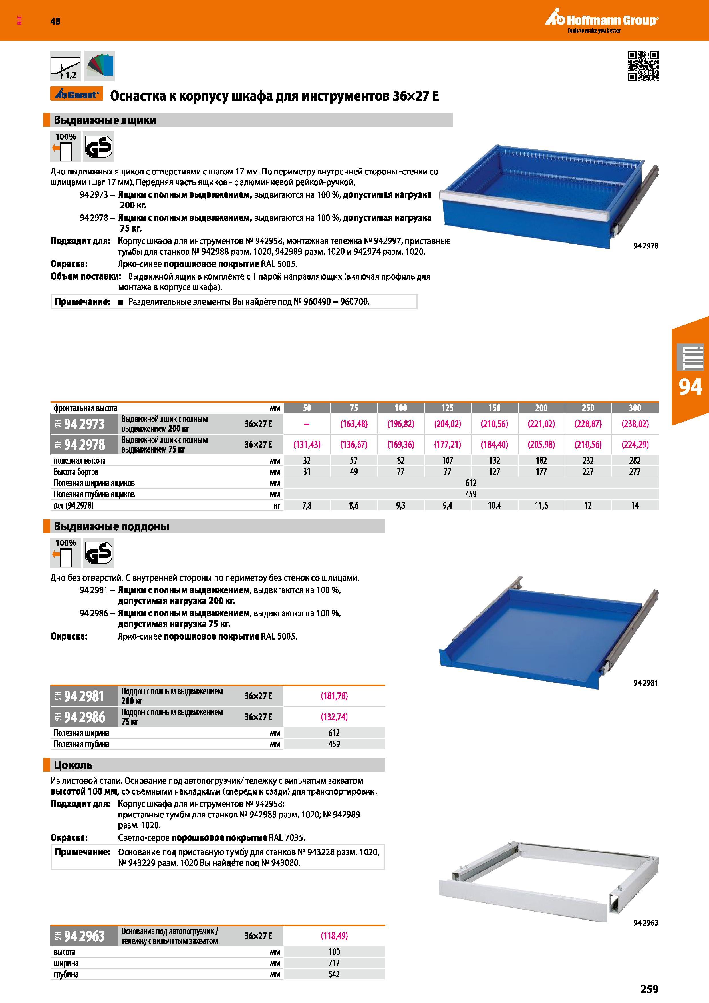 259 48 Hoffmann Group <1,2 Garant Оснастка к корпусу шкафа для инструментов 36x27 Е Выдвижные ящики 100% I ач Дно выдвижных ящиков с отверстиями с ша Каталог HOFFMANN GROUP 2017 Мебель производственная Промышленные системы хранения Рабочие места Верстаки Автоматизированные шкафы Складское оборудование Стр. 259