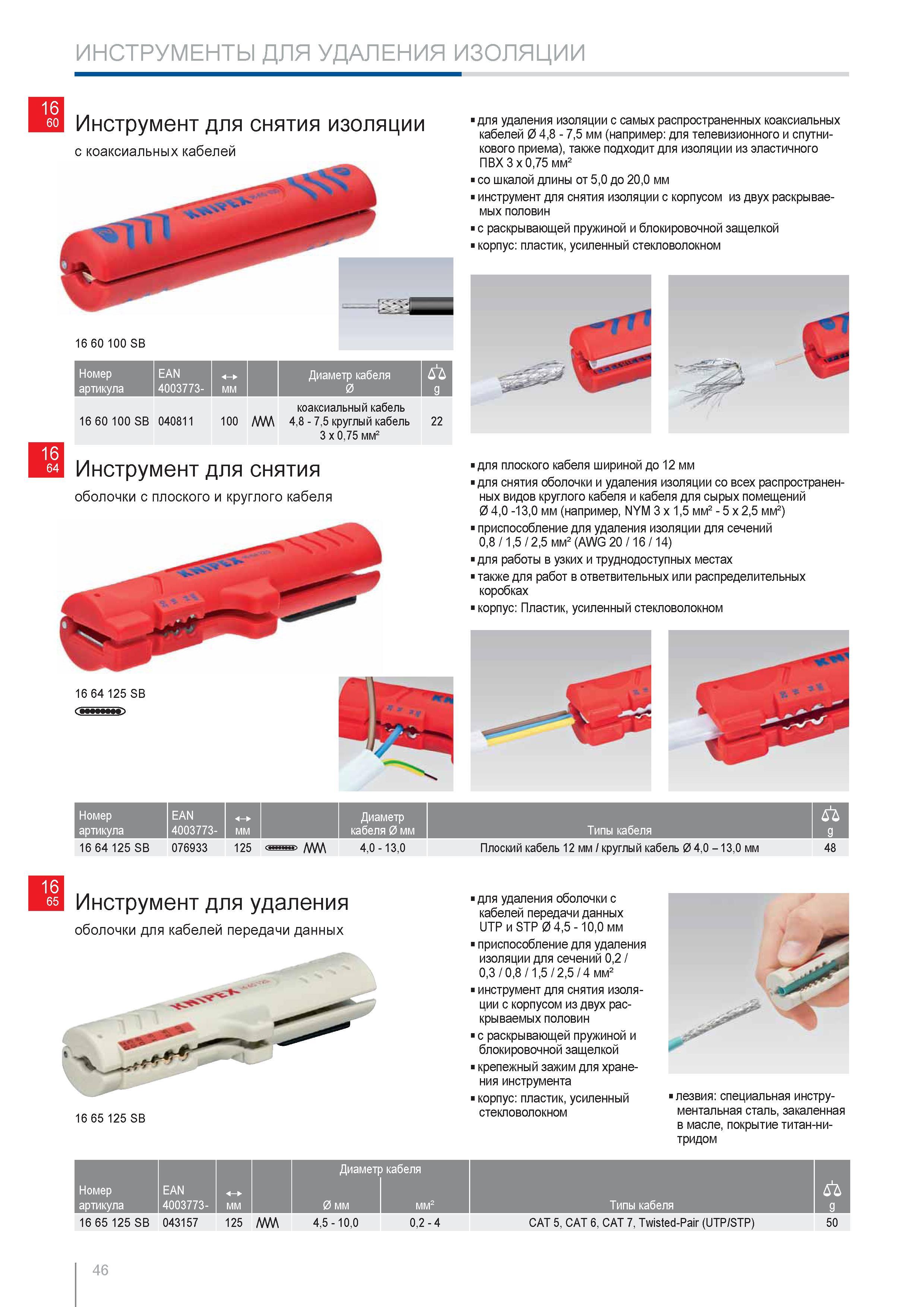 46 Инструмент Knipex для снятия оболочки с плоского и круглого кабеля для удаления изоляции с самых распространенных коаксиальных кабелей диаметром 48 75 мм для телевиз Каталог KNIPEX 2014 Профессиональный ручной инструмент для удаления изоляции Плоскогубцы Кусачки Ножницы Клещи Бокорезы Стр. 46