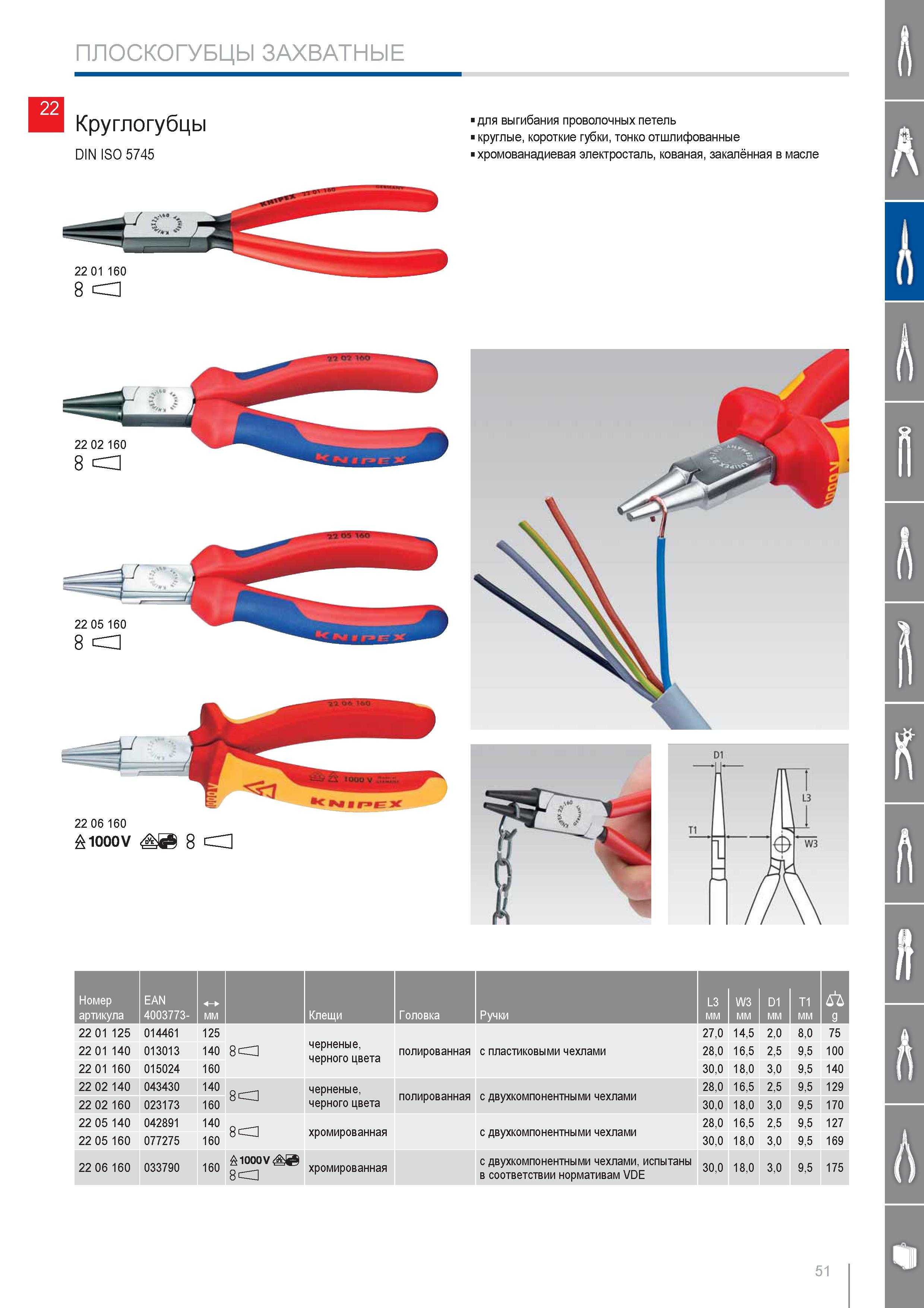 51 Круглогубцы Knipex DIN ISO 5745 для выгибания проволочных петель круглые короткие губки тонко отшлифованные хромованадиевая электросталь кованая закалённая в масле Н Каталог KNIPEX 2014 Профессиональный ручной инструмент для удаления изоляции Плоскогубцы Кусачки Ножницы Клещи Бокорезы Стр. 51