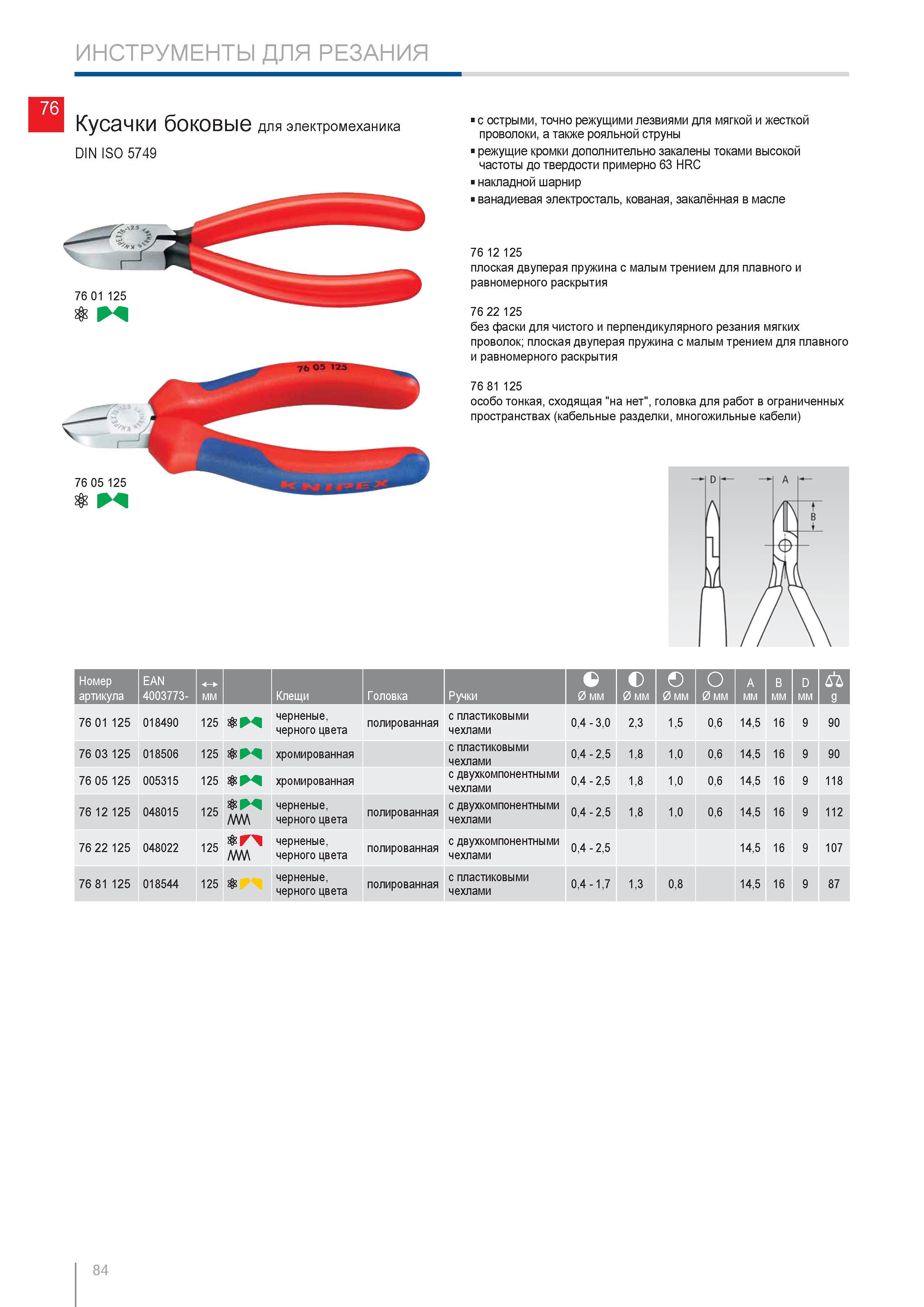 84 Кусачки боковые для электромеханика Knipex DIN ISO 5749 Ручной инструмент с острыми режущими лезвиями для мягкой и жесткой проволоки рояльной струны Режущие кромки д Каталог KNIPEX 2014 Профессиональный ручной инструмент для удаления изоляции Плоскогубцы Кусачки Ножницы Клещи Бокорезы Стр. 84