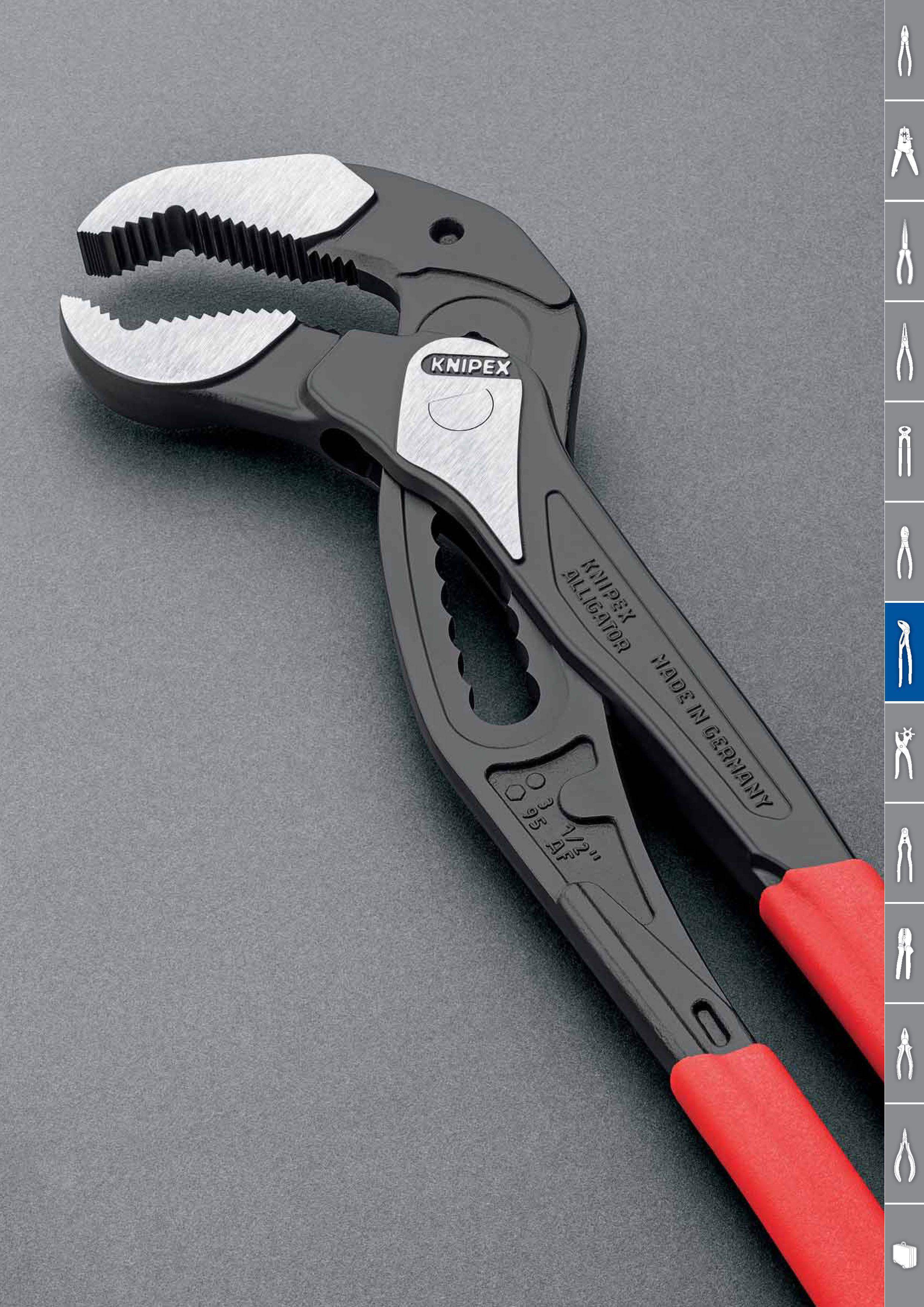 107 Сантехнические переставные клещи Knipex Alligator XL 88 01 400 Классический профессиональный ручной инструмент длинной 400 мм обеспечивает эффективность и удобство р Каталог KNIPEX 2014 Профессиональный ручной инструмент для удаления изоляции Плоскогубцы Кусачки Ножницы Клещи Бокорезы Стр. 107