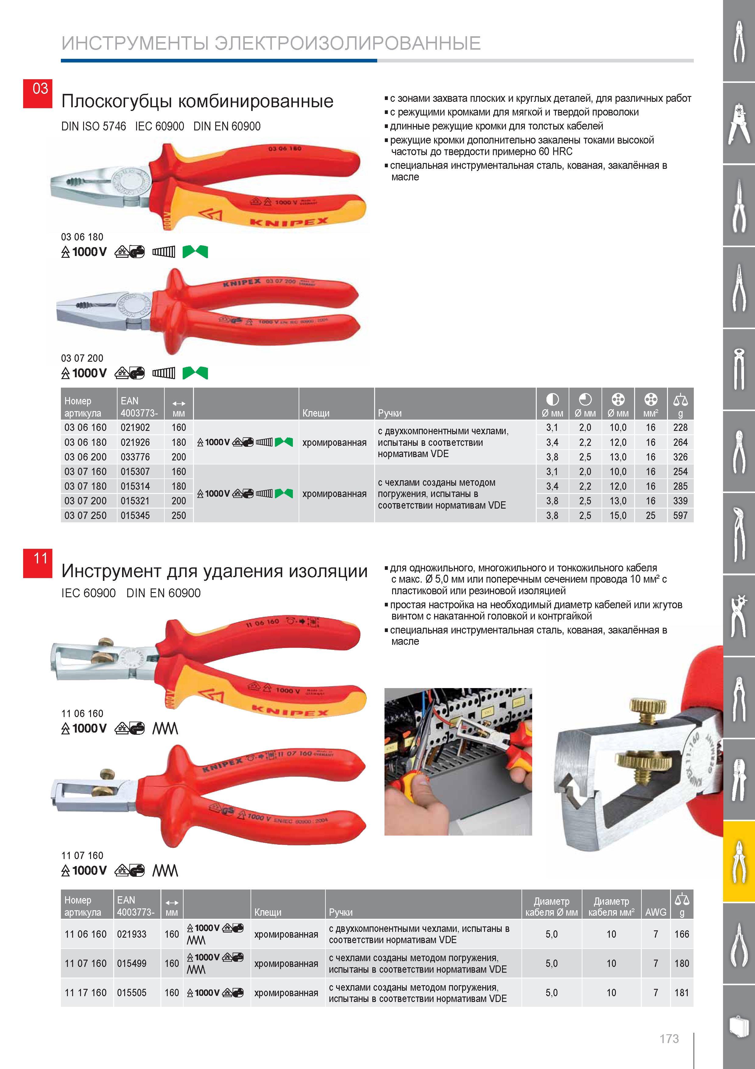 173 Плоскогубцы комбинированные Knipex DIN ISO 5746 IEC 60900 DIN EN 60900 с зонами захвата плоских и круглых деталей для различных работ с режущими кромками для мягкой Каталог KNIPEX 2014 Профессиональный ручной инструмент для удаления изоляции Плоскогубцы Кусачки Ножницы Клещи Бокорезы Стр. 173