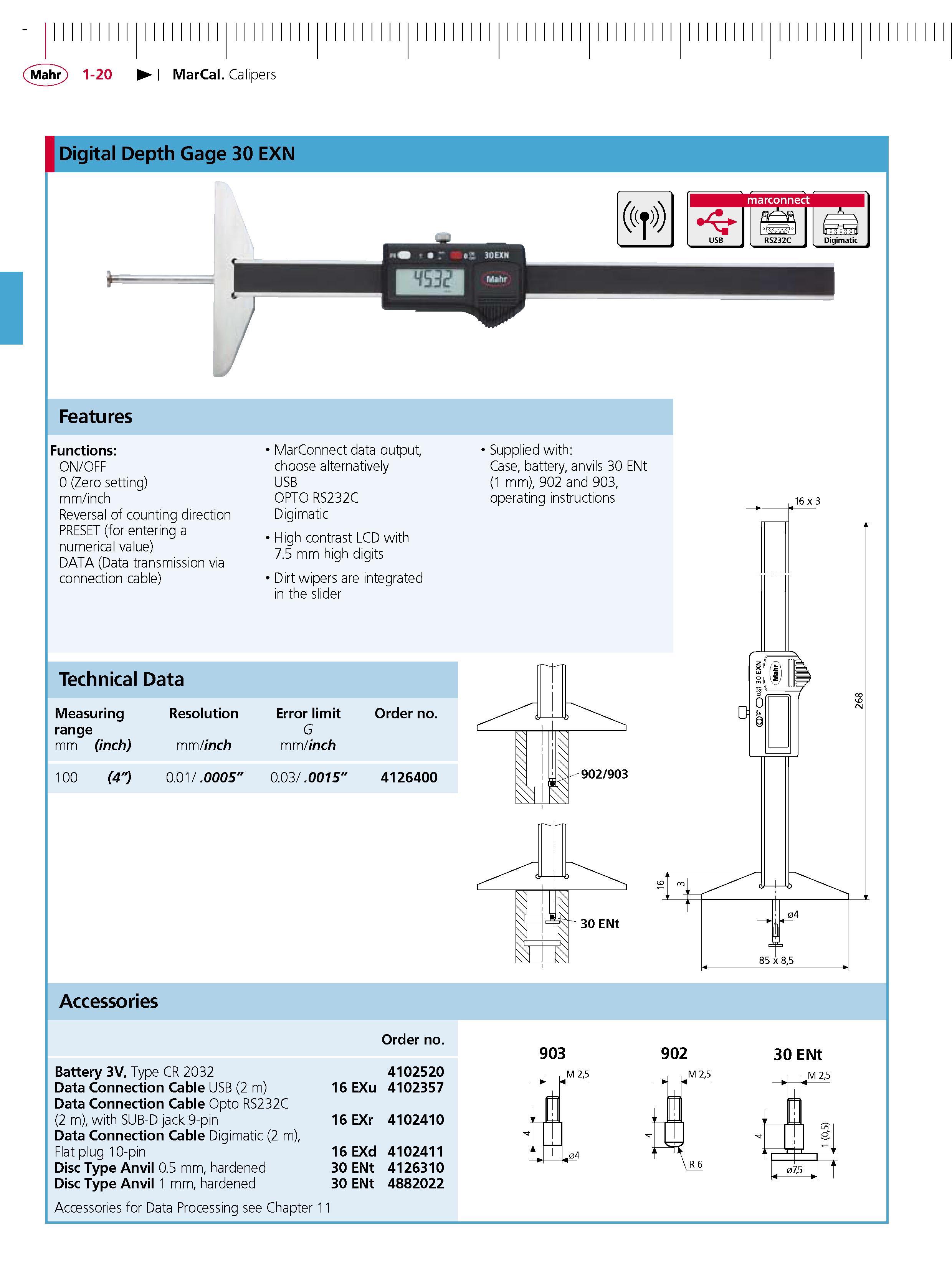36 MarCal Calipers Digital Depth Gage 30 EXN Features Functions ON OFF 0 (Zero setting) mm inch Reversal of counting direction PRESET (for enterin Каталог MAHR 2007 Линейно-угловые средства измерений Измерительный инструмент и оборудование для предприятий машиностроения Стр. 1-20 ENG