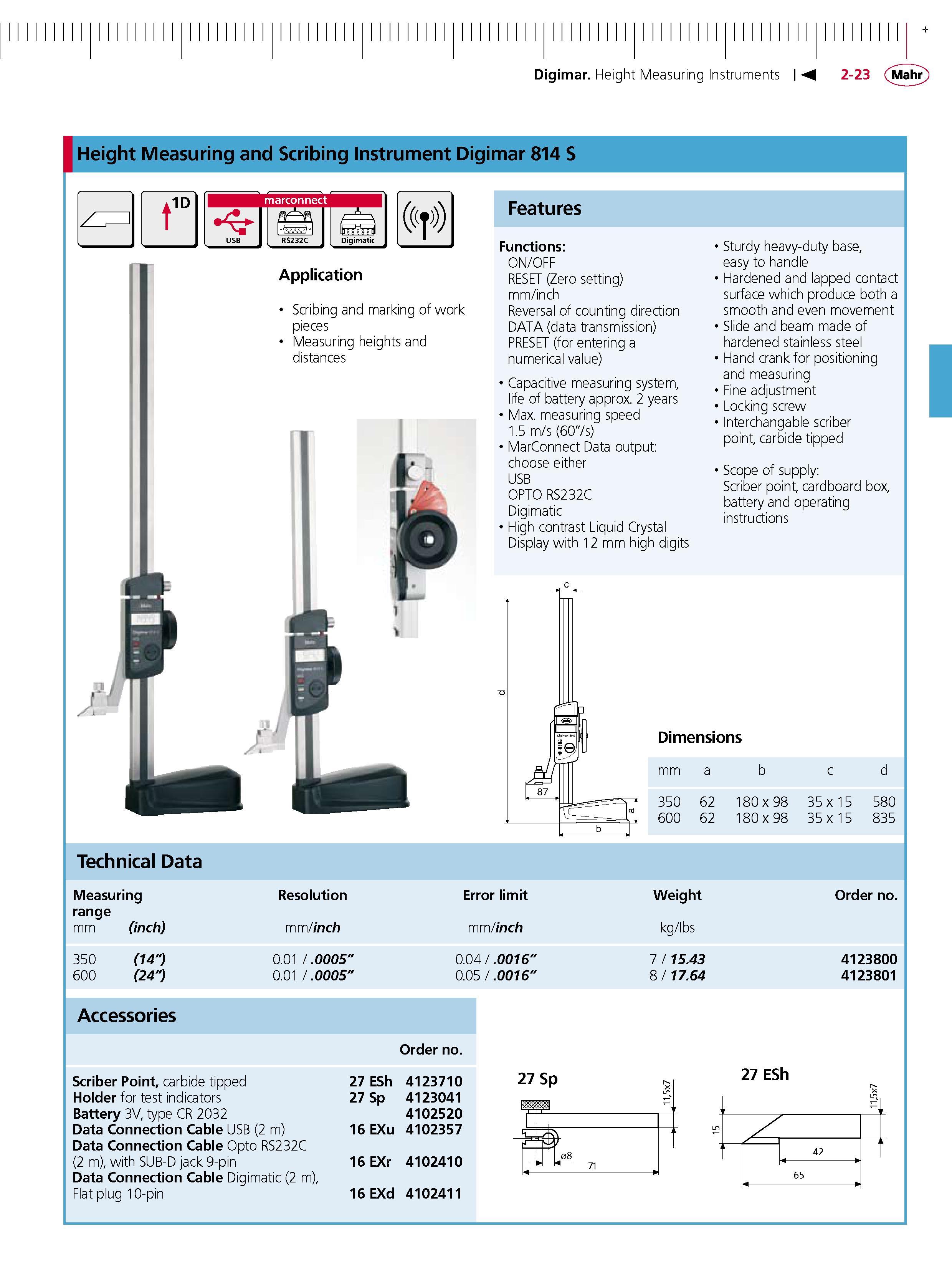 63 Digimar Height Measuring Instruments Height Measuring and Scribing Instrument Digimar 814 S t 1D marconnect ((f) Scribing and marking of work p Каталог MAHR 2007 Линейно-угловые средства измерений Измерительный инструмент и оборудование для предприятий машиностроения Стр. 2-23 ENG