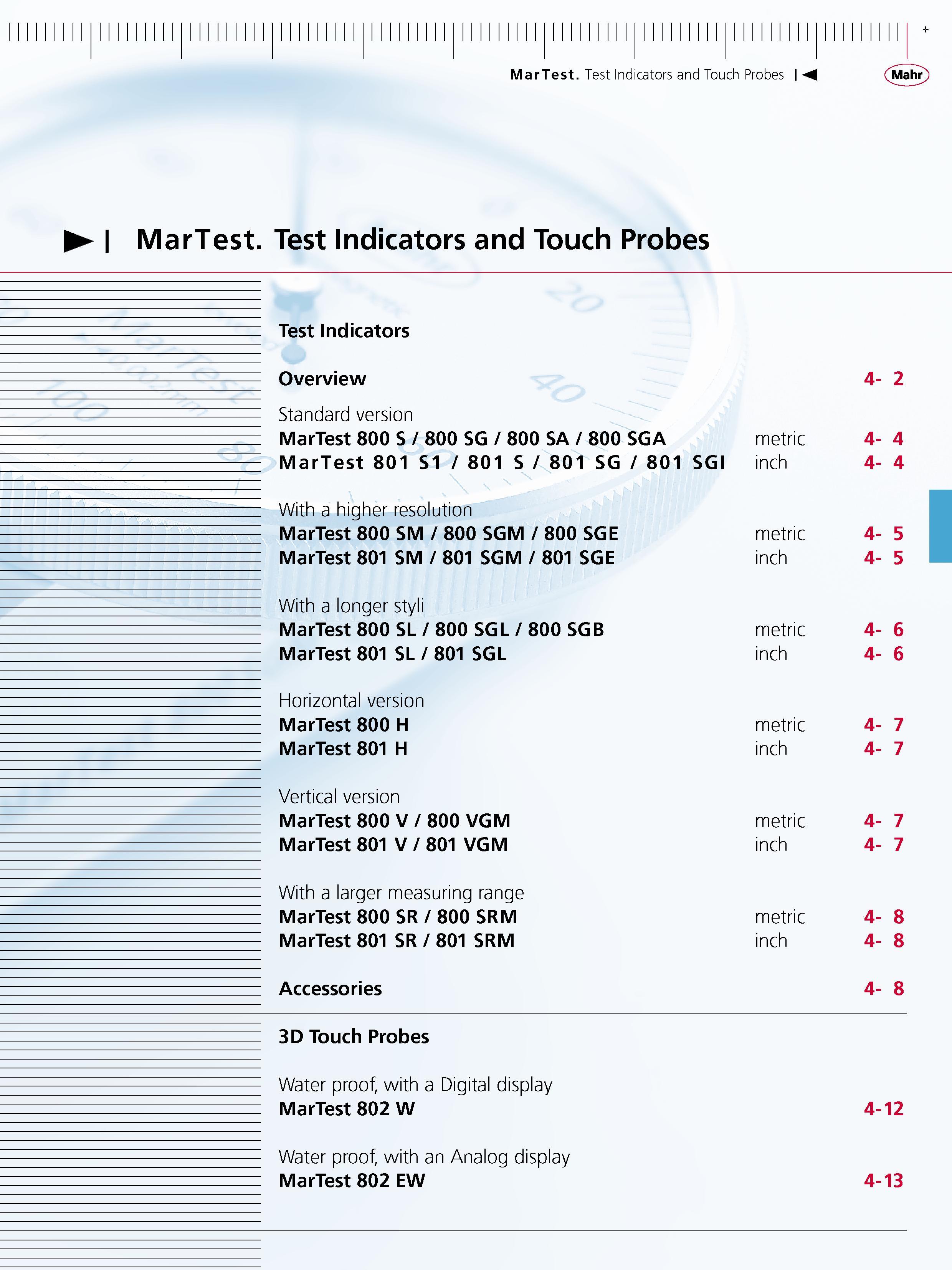 97 MarTest Test Indicators and Touch Probes M MarTest Test Indicators and Touch Probes Test Indicators Overview Standard version MarTest 800 S 800 Каталог MAHR 2007 Линейно-угловые средства измерений Измерительный инструмент и оборудование для предприятий машиностроения Стр.  ENG